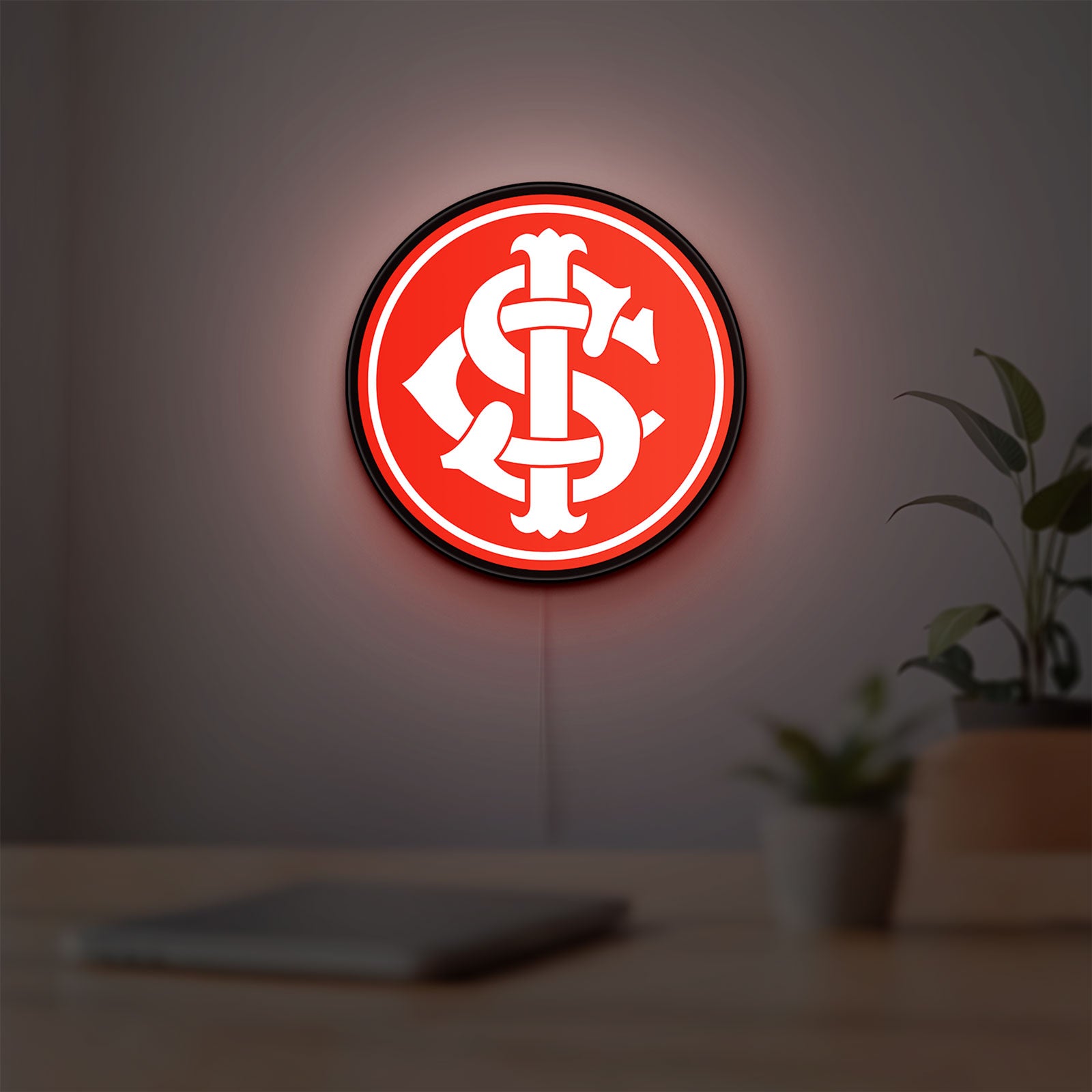 Sport Club Internacional 6 Estrelas LED lightbox hanging on a room wall with soft red light