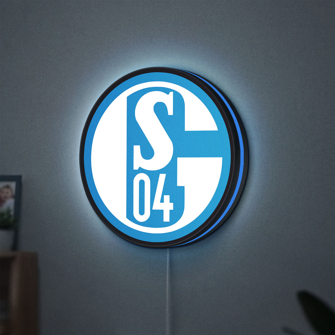 FC Gelsenkirchen Schalke 04 LED lightbox hanging on a wall with blue glow