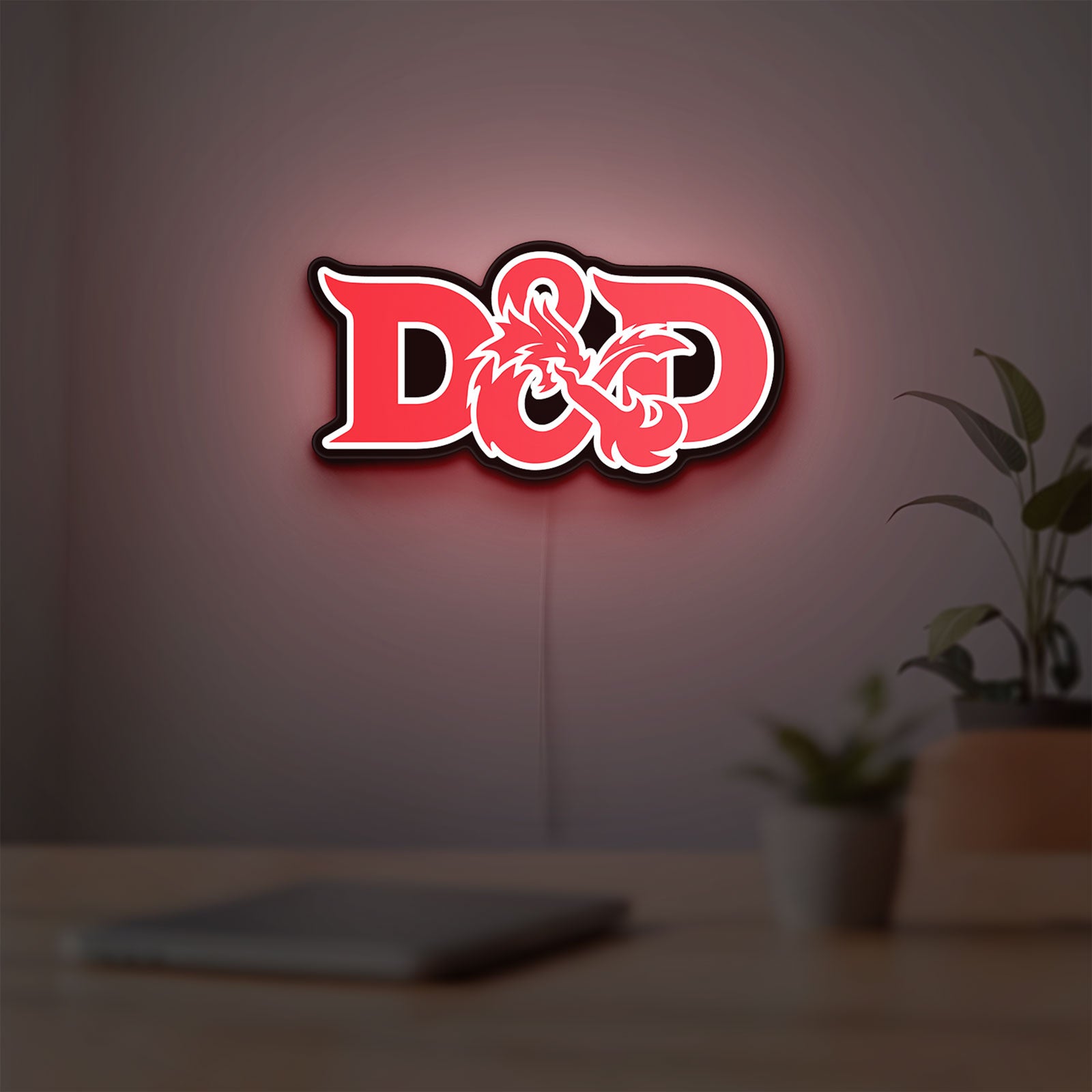 Dungeons Dragons 5e LED lightbox hanging on a room wall with soft red light