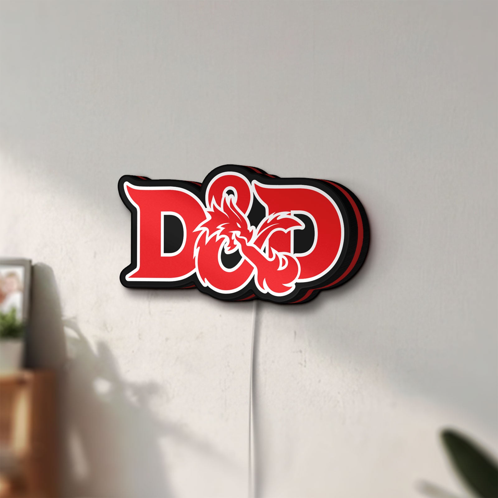 Unlit Dungeons Dragons 5e LED lightbox mounted on a wall in daylight