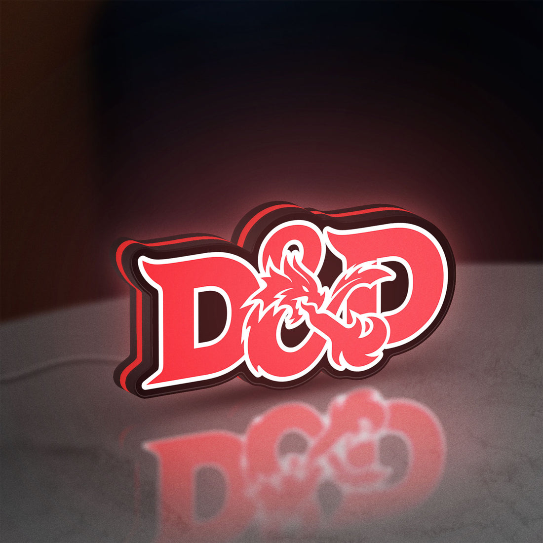 Dungeons Dragons 5e LED lightbox hanging on a wall with red glow