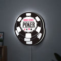 World Series of Poker LED lightbox hanging on a wall with white glow