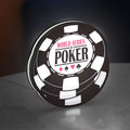 World Series of Poker LED lightbox standing on a desk from an angled side view with white glow