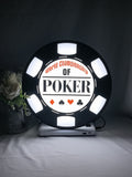 Illuminated front view standing of World Championship Poker 3D LED Sign in 30cm, unique wall art for desk and room decor