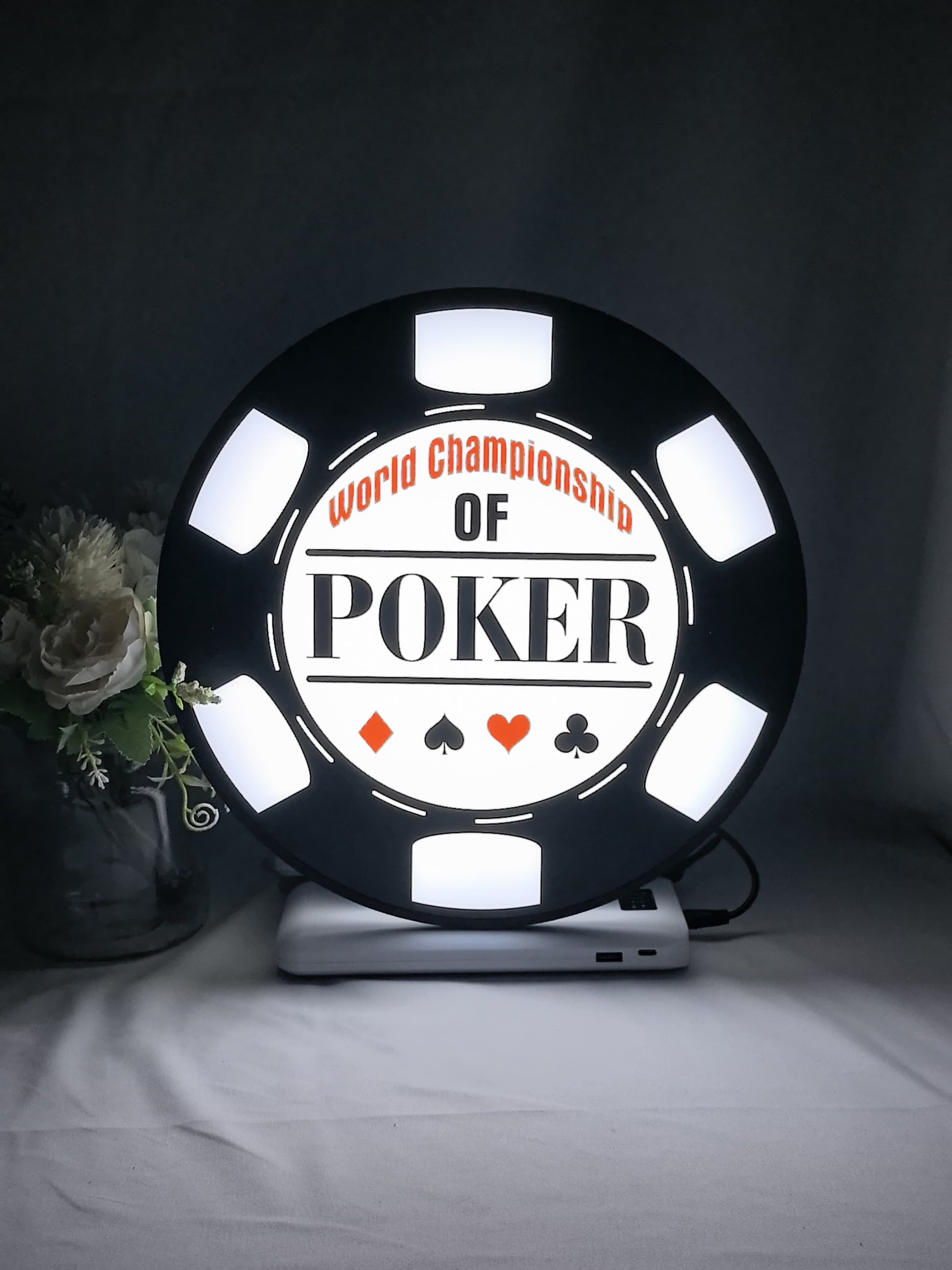 Illuminated front view standing of World Championship Poker 3D LED Sign in 30cm, unique wall art for desk and room decor