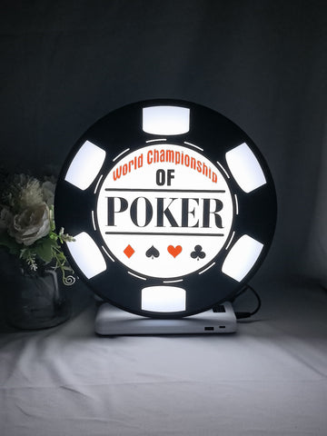Illuminated front view standing of World Championship Poker 3D LED Sign in 30cm, unique wall art for desk and room decor