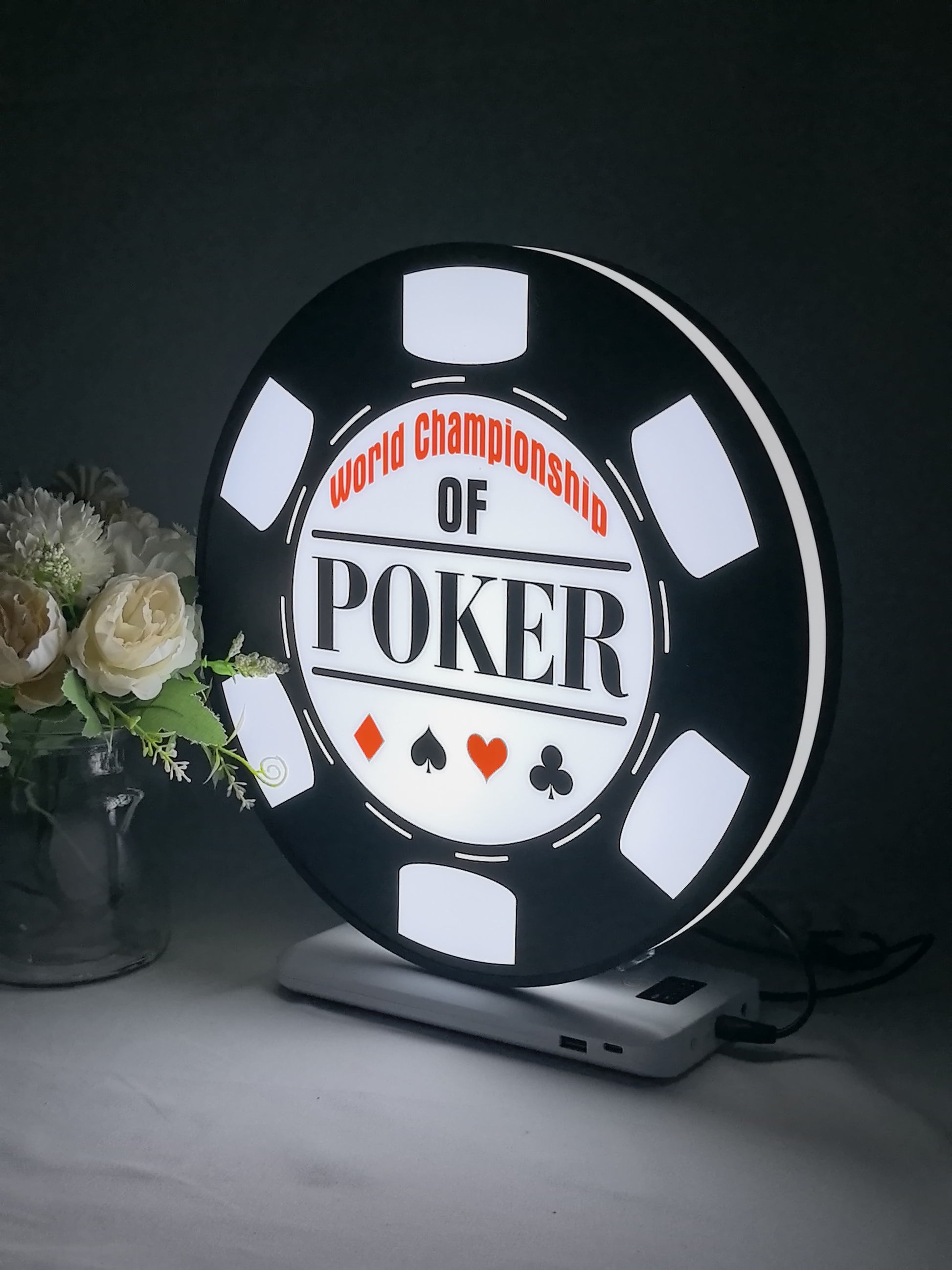 World Championship Poker LED Light Box (30cm) - Illuminated angled view standing, unique wall art for desk and room decor