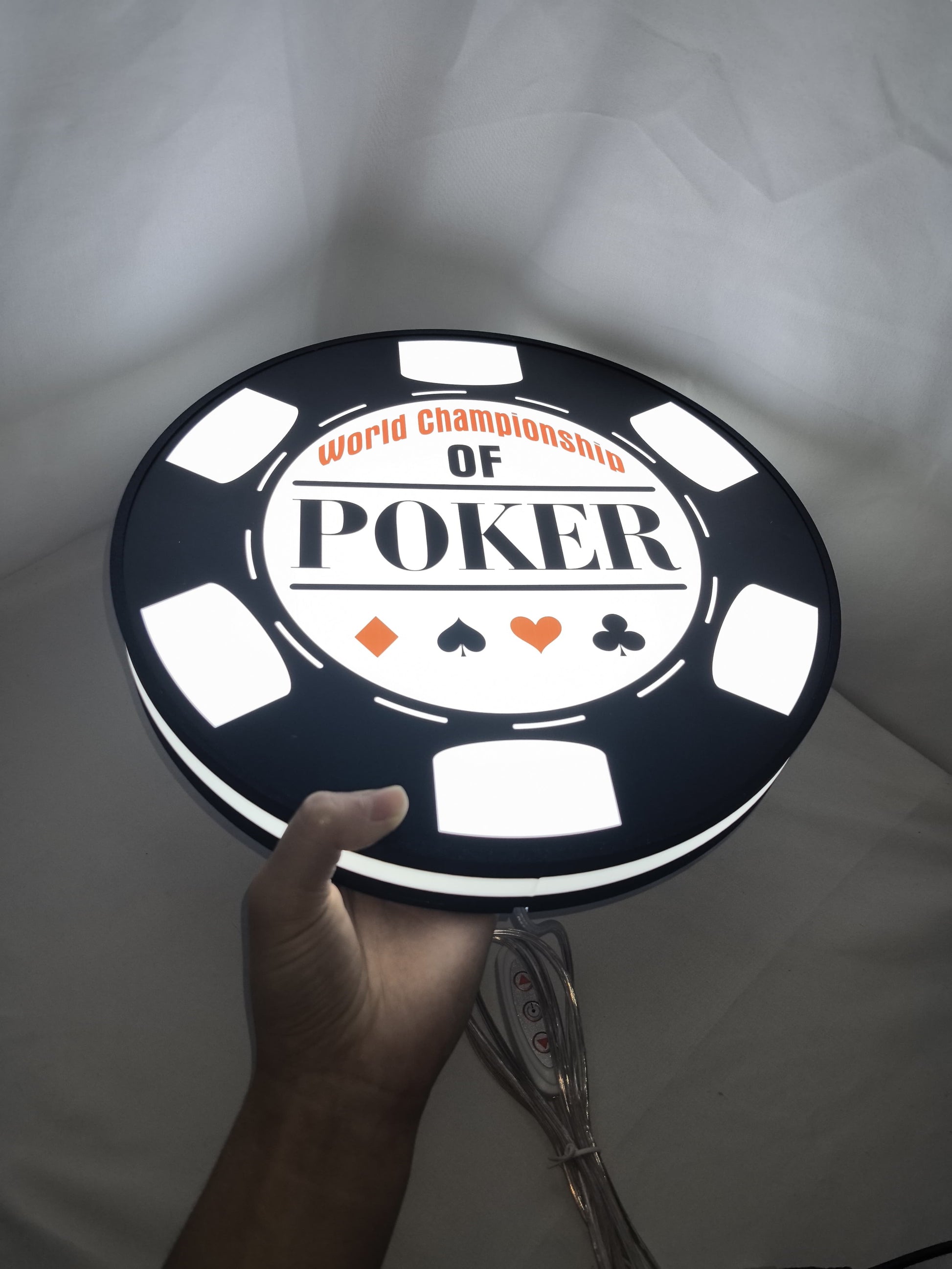 30cm World Championship Poker 3D Printed Sign - Illuminated handheld size reference, unique wall art for desk and room decor