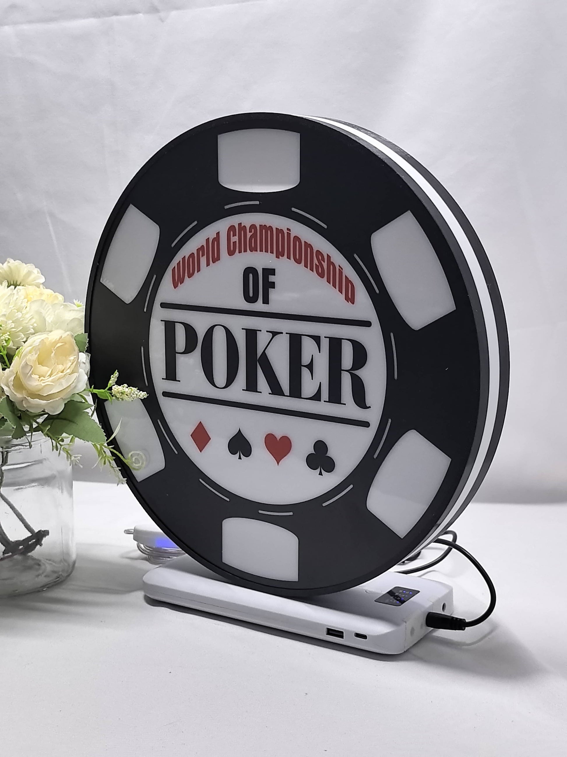 Unlit angled details standing of World Championship Poker 3D LED Sign in 30cm, unique wall art for desk and room decor