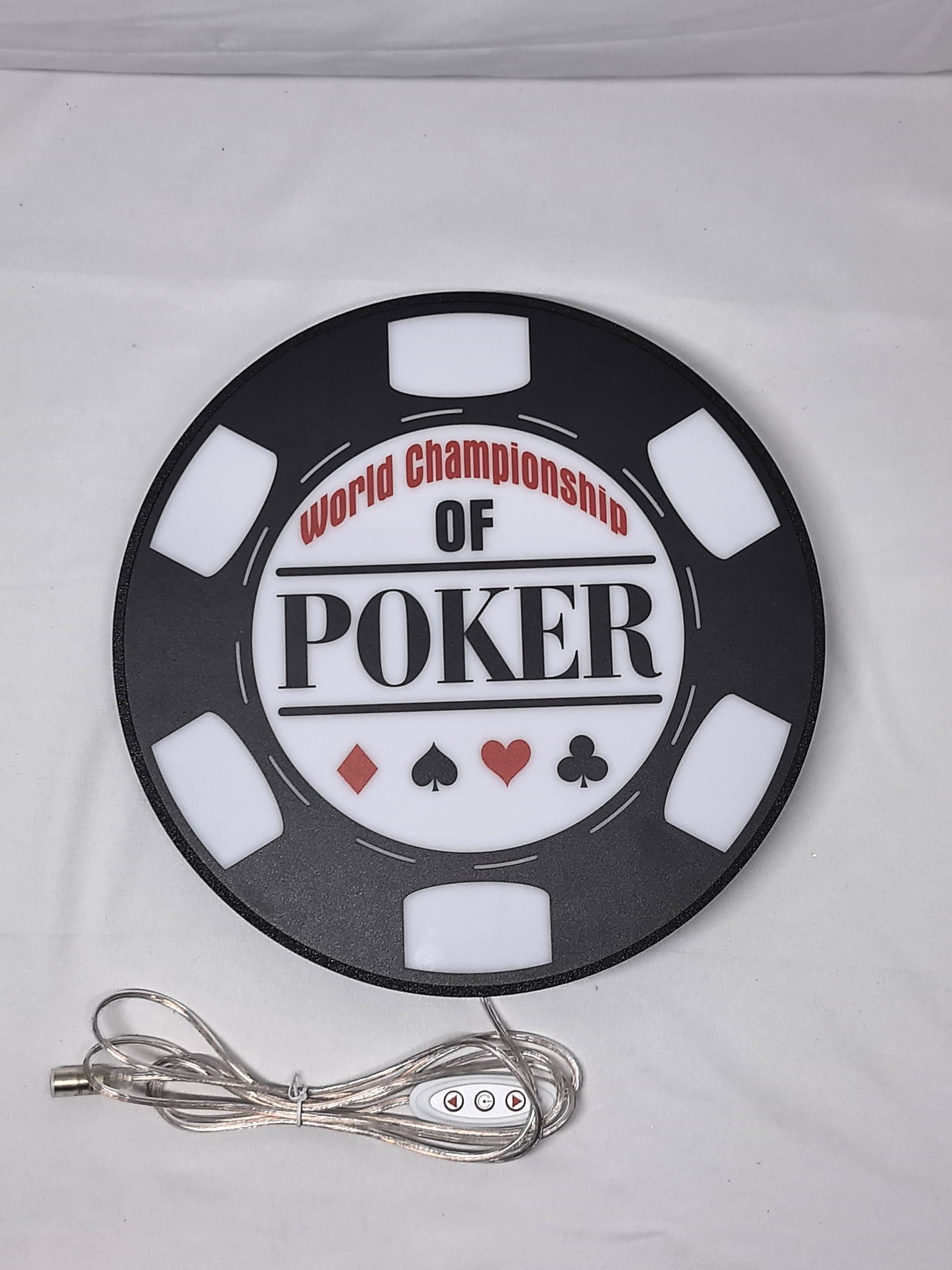 Unlit flat lay front details of World Championship Poker 3D LED Sign in 30cm, unique wall art for desk and room decor