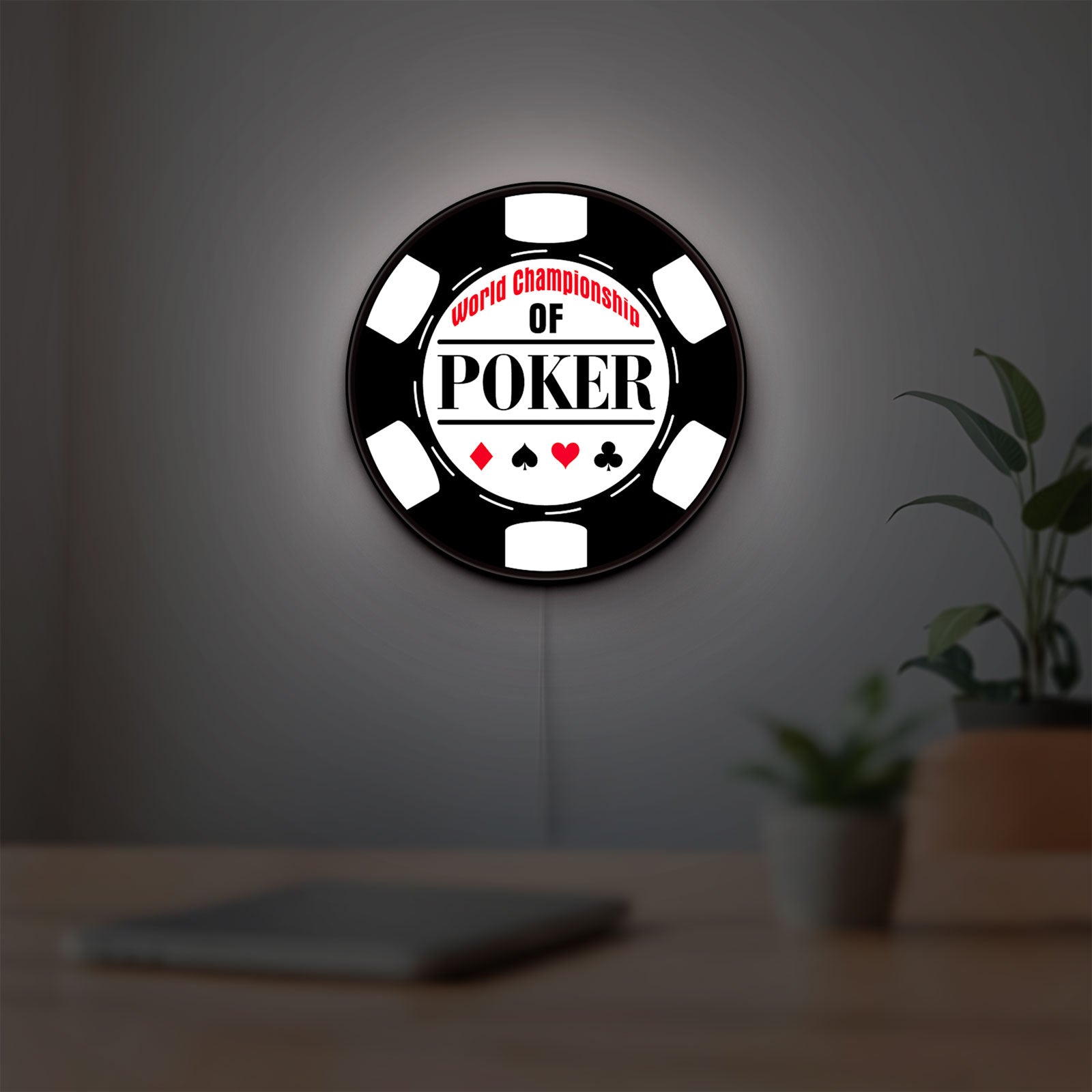 World Championship Poker LED lightbox hanging on a room wall with soft white light