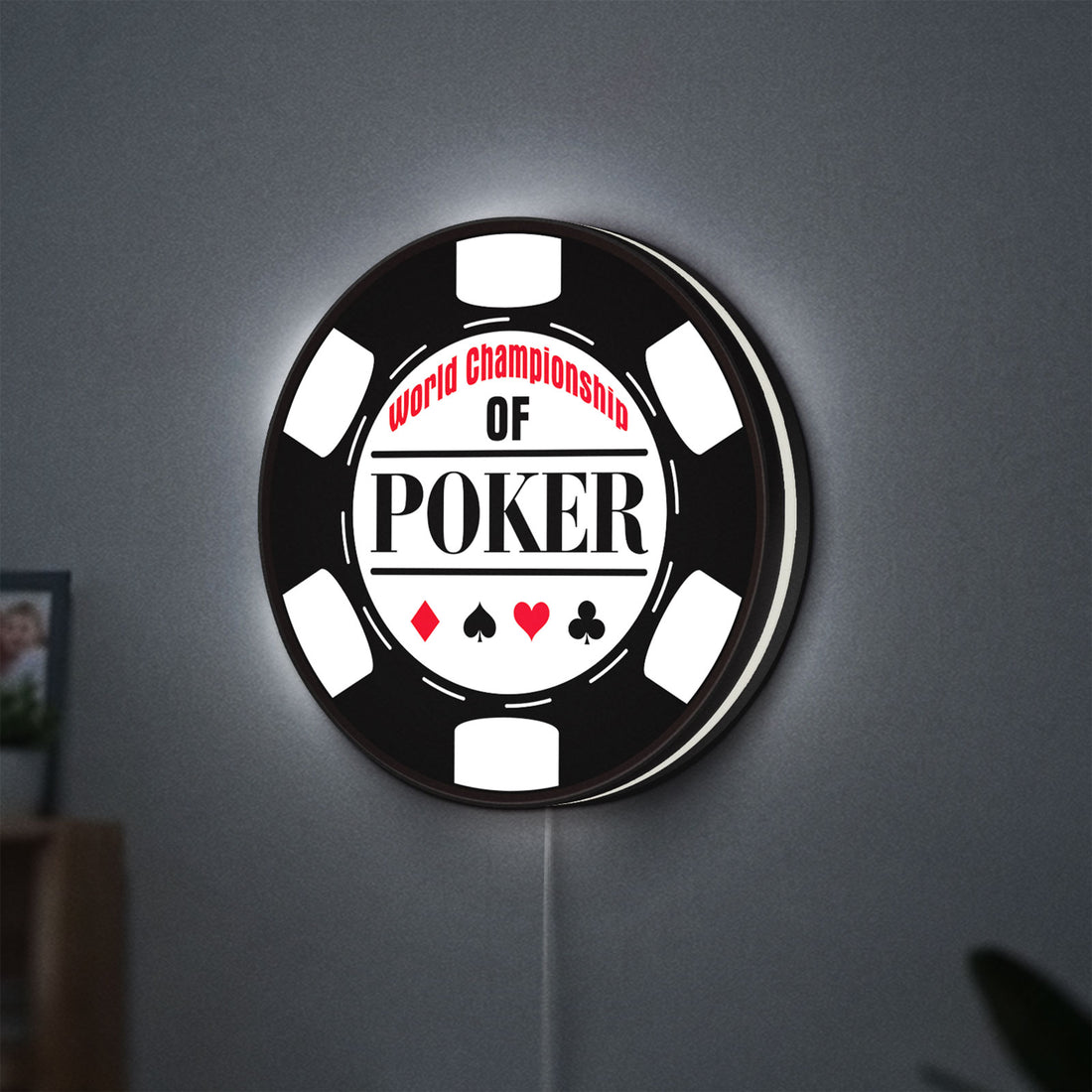 World Championship Poker LED lightbox hanging on a wall with white glow