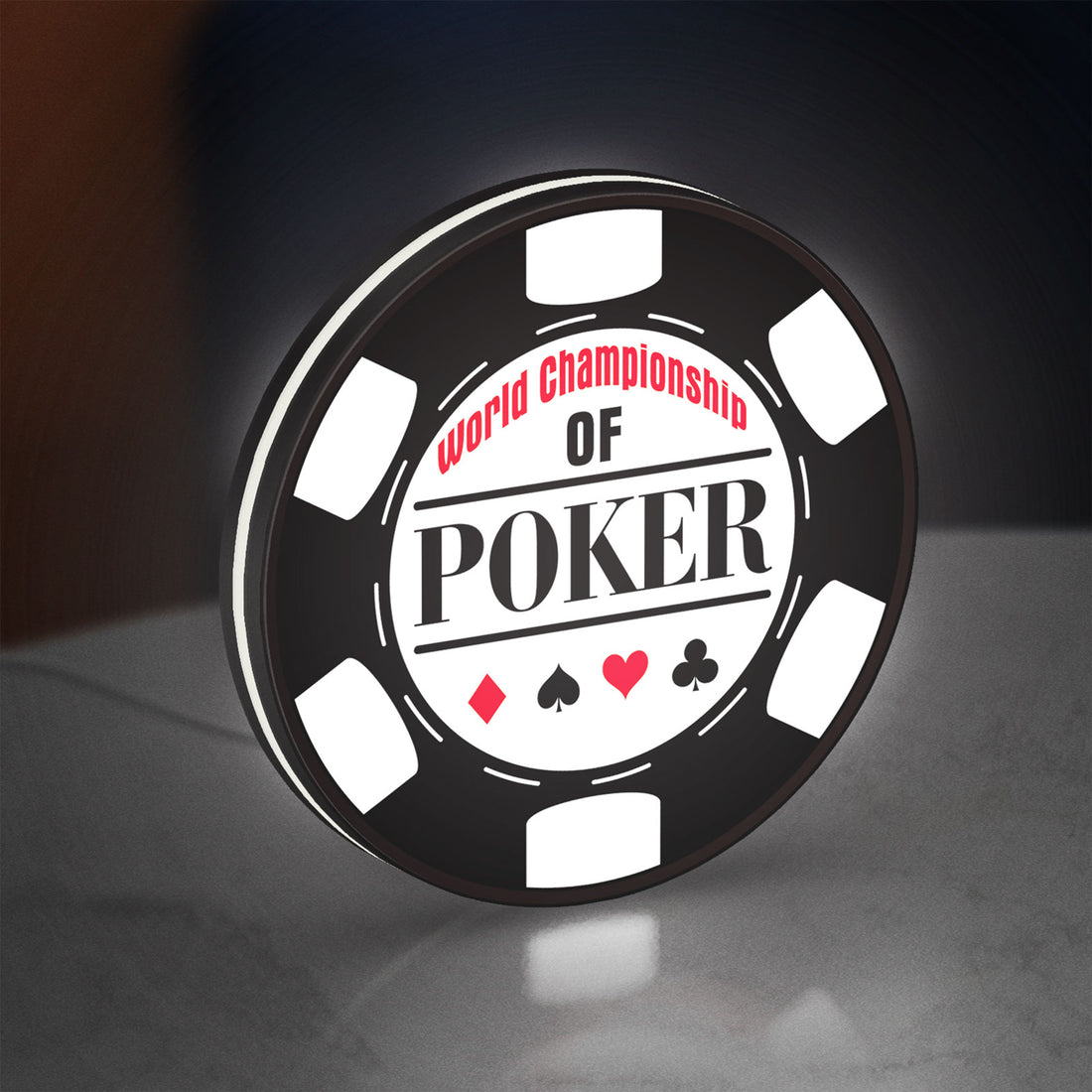 World Championship Poker LED lightbox hanging on a wall with white glow