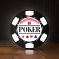 Front view of World Championship Poker LED lightbox sign glowing on a wooden desk