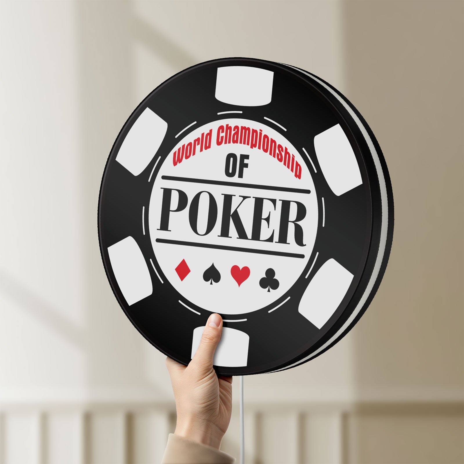 Unlit World Championship Poker LED lightbox held by hand to show size and details