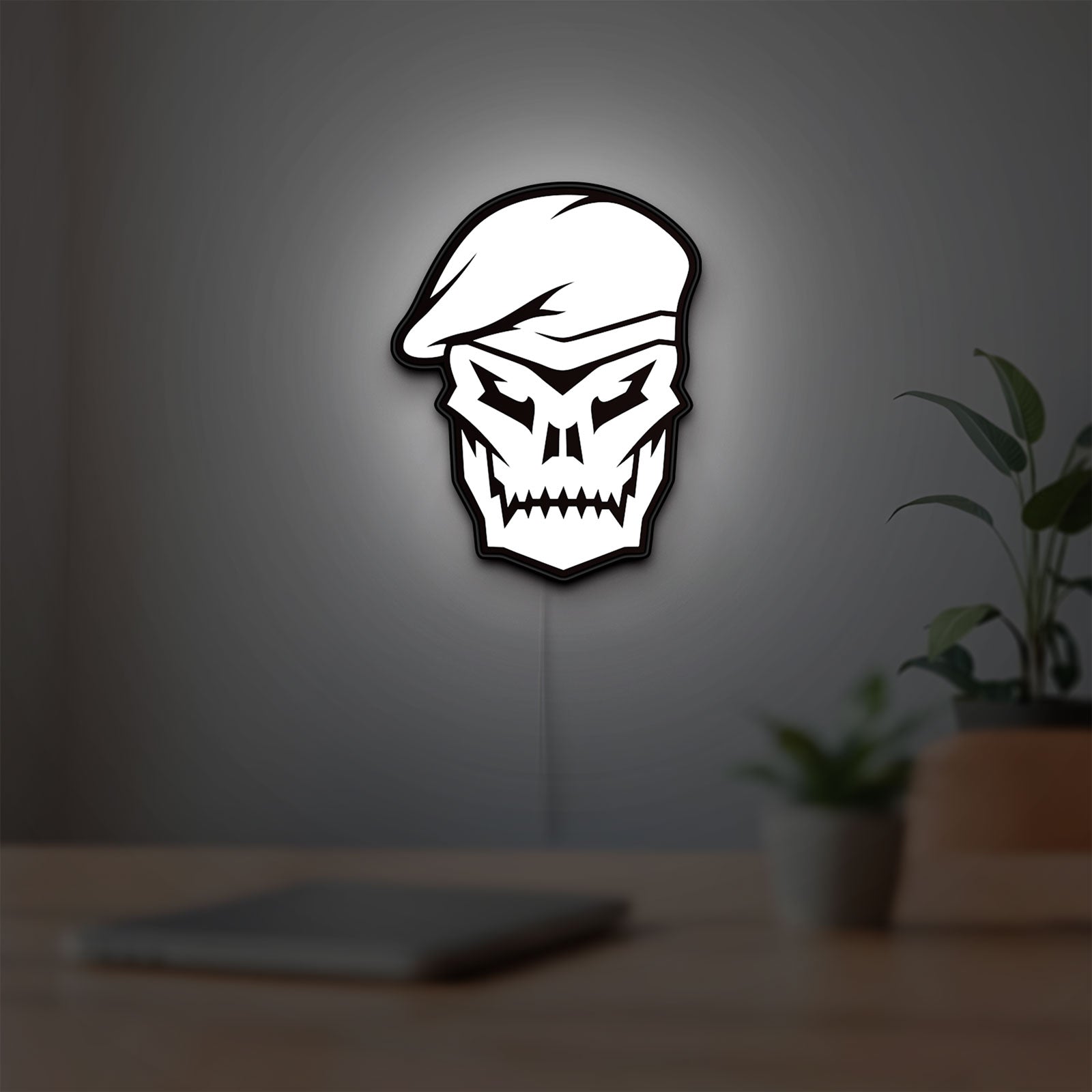 Call of Duty Black Ops Skull LED lightbox hanging on a room wall with soft white light