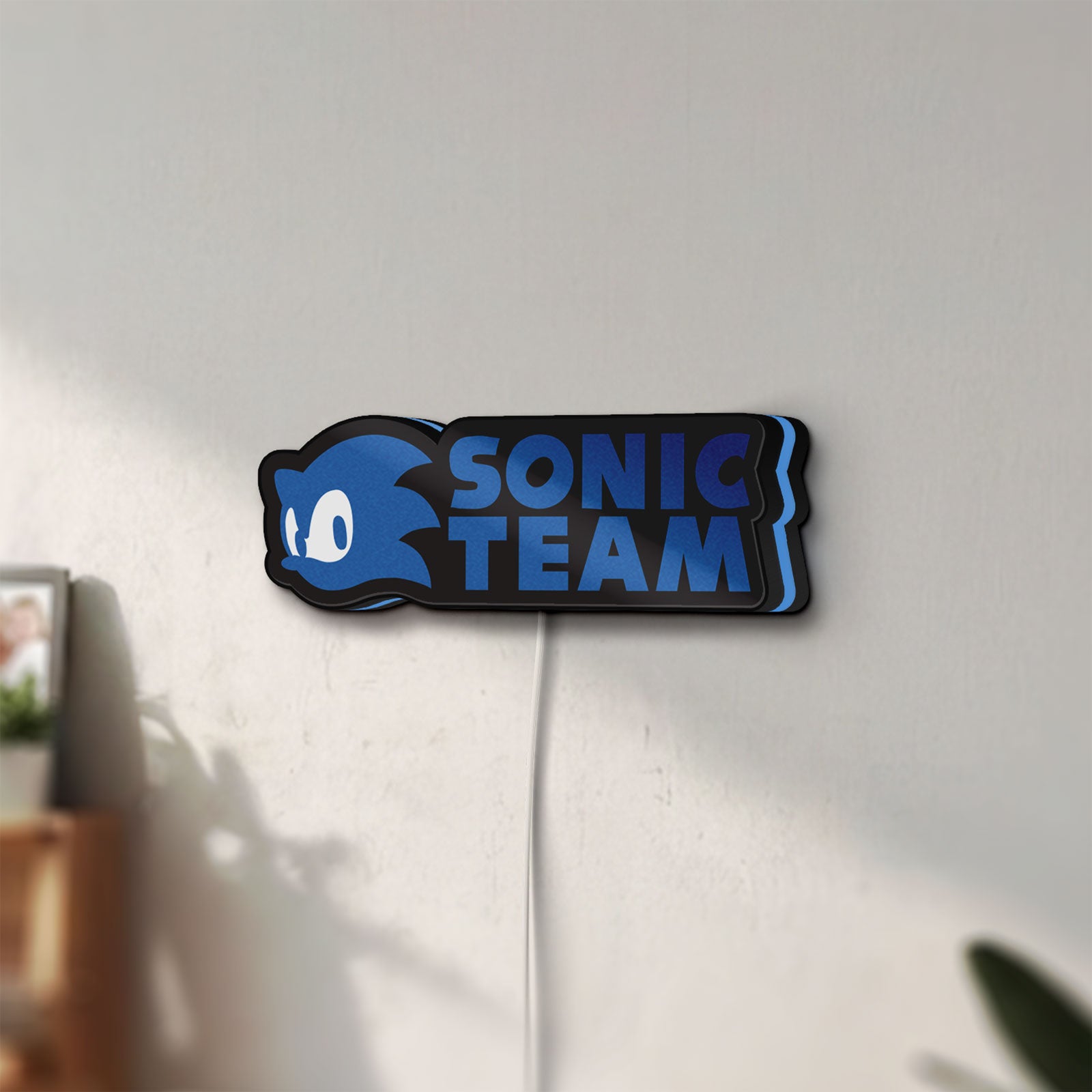 Unlit Sonic Team LED lightbox mounted on a wall in daylight
