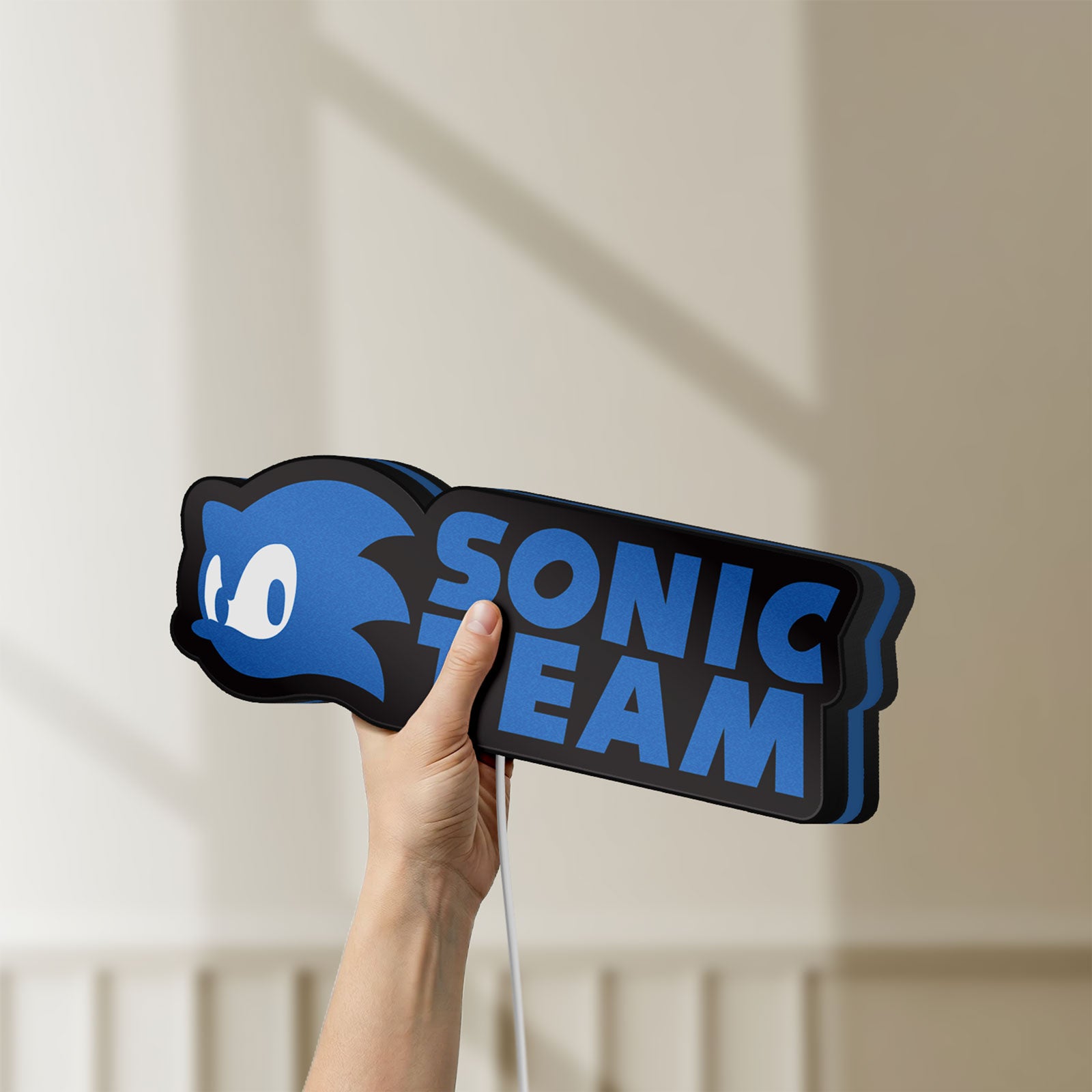 Unlit Sonic Team LED lightbox held by hand to show size and details