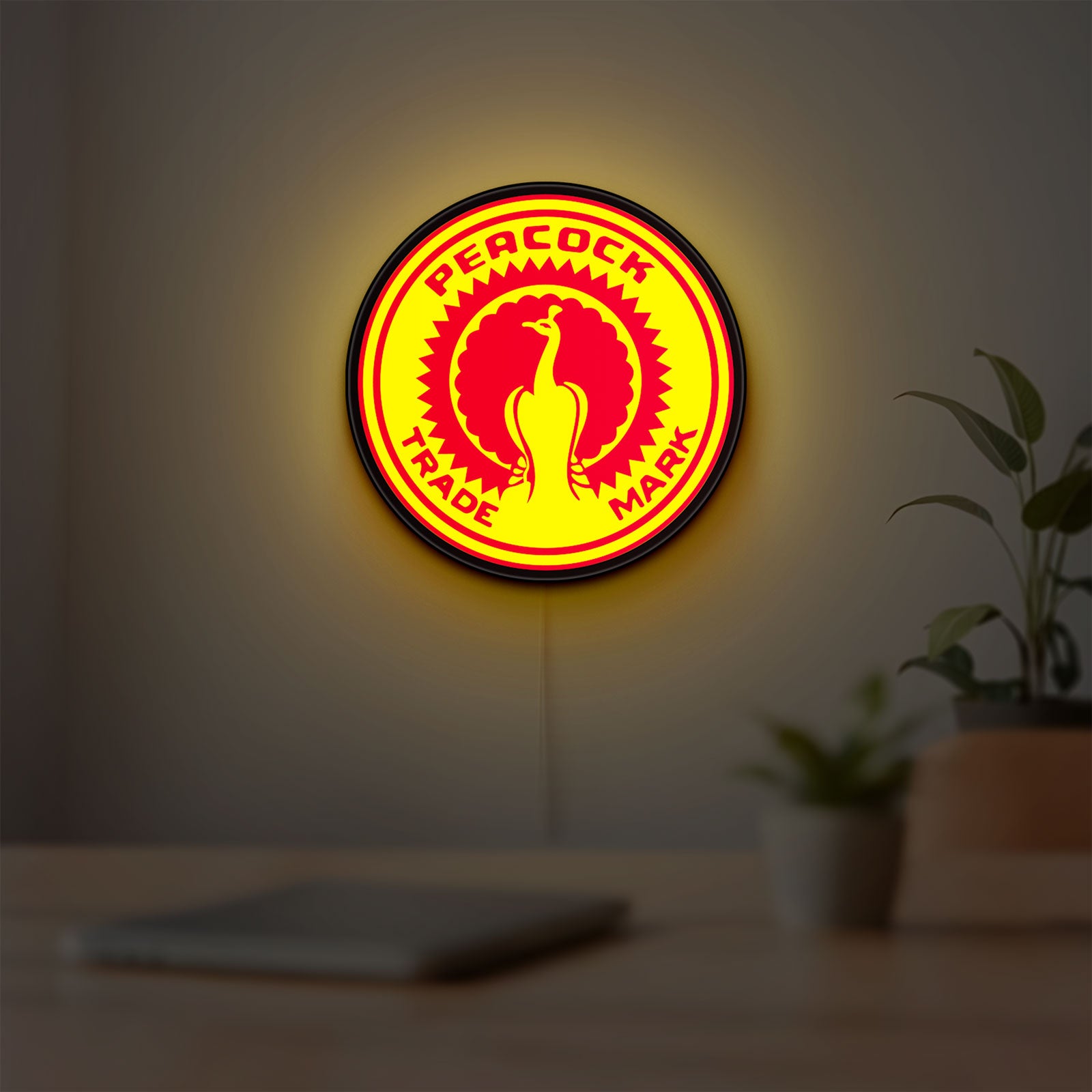 Standard Auto Parts LED lightbox hanging on a room wall with soft yellow light