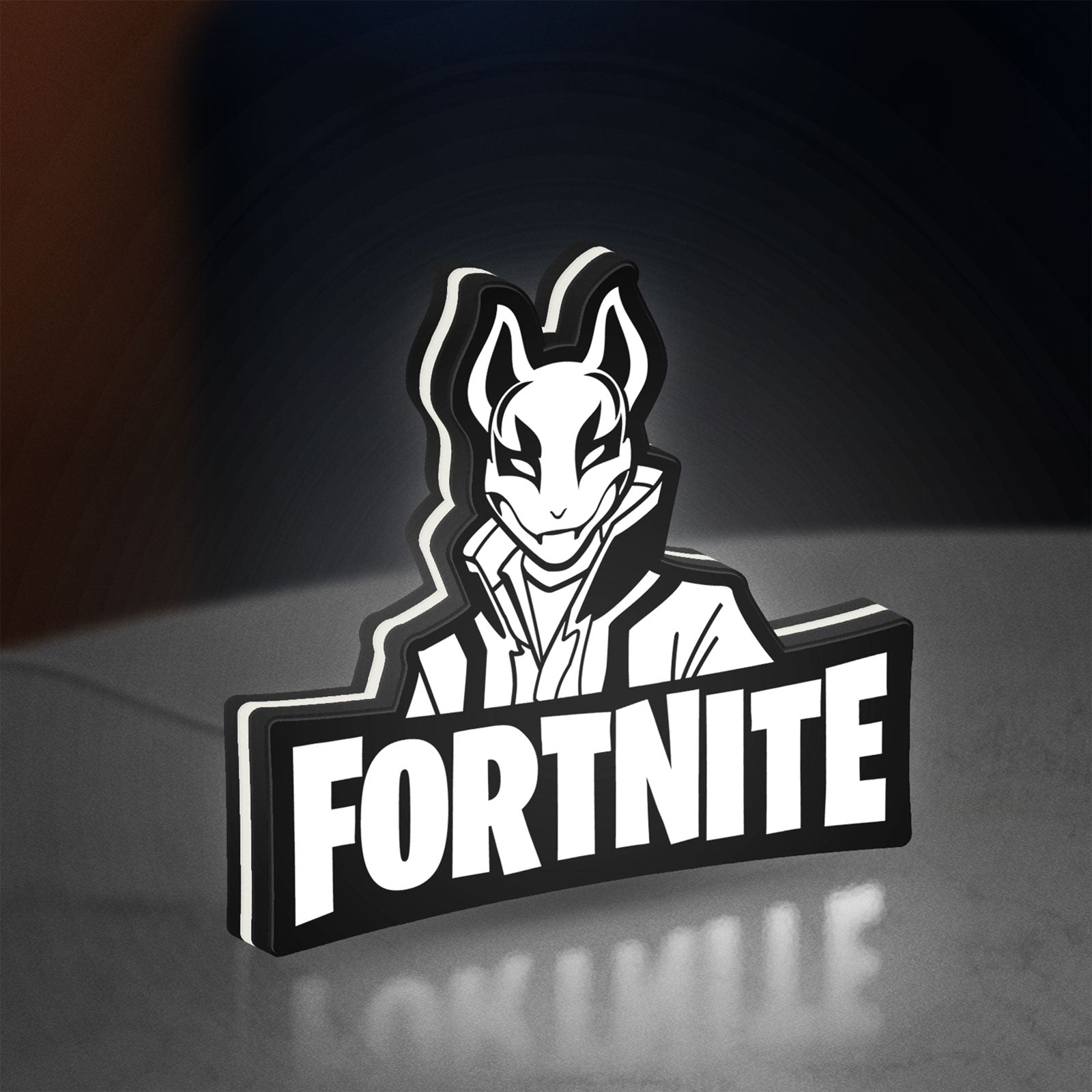Fortnite LED lightbox standing on a desk from an angled side view with white glow