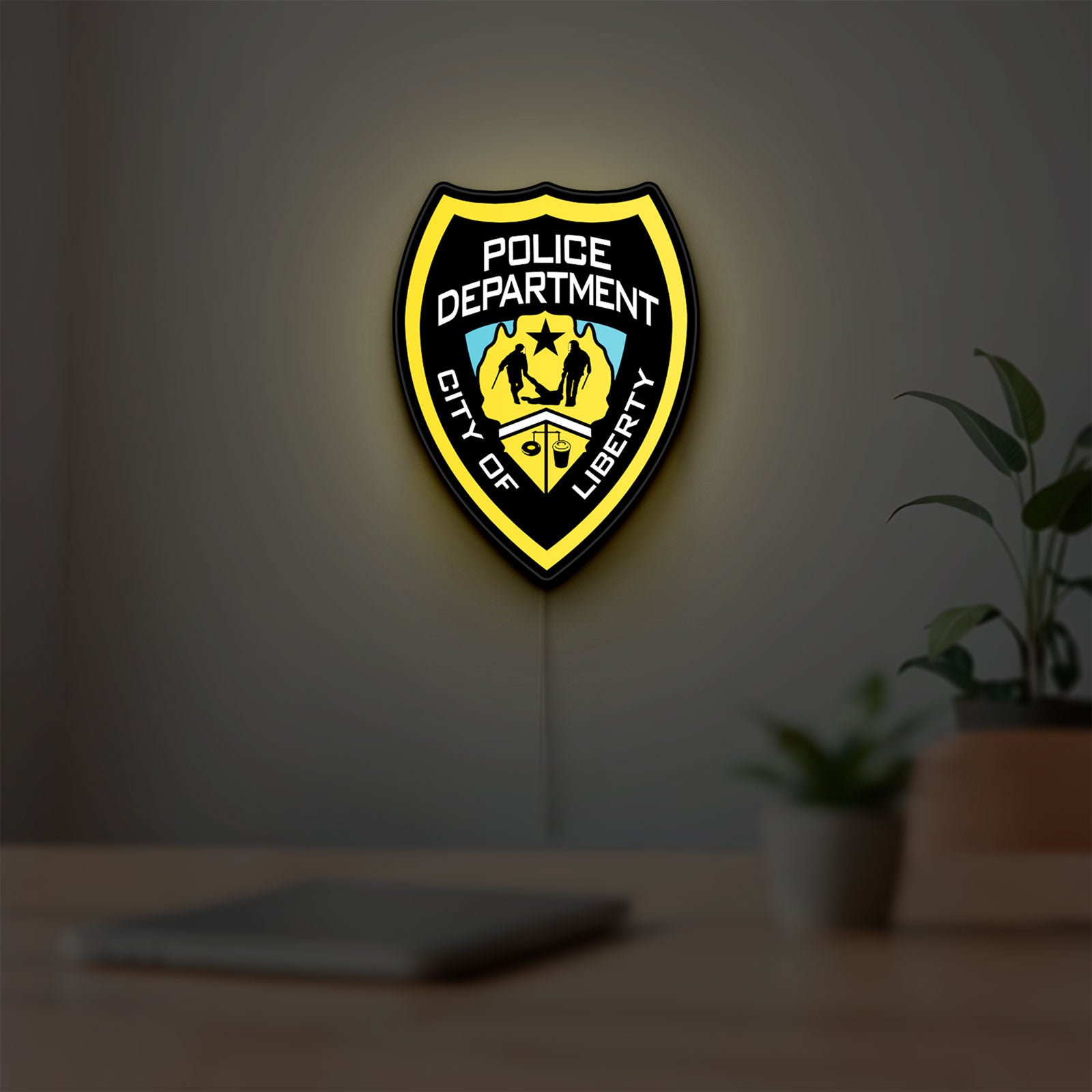 Liberty City Police LED lightbox hanging on a room wall with soft yellow light