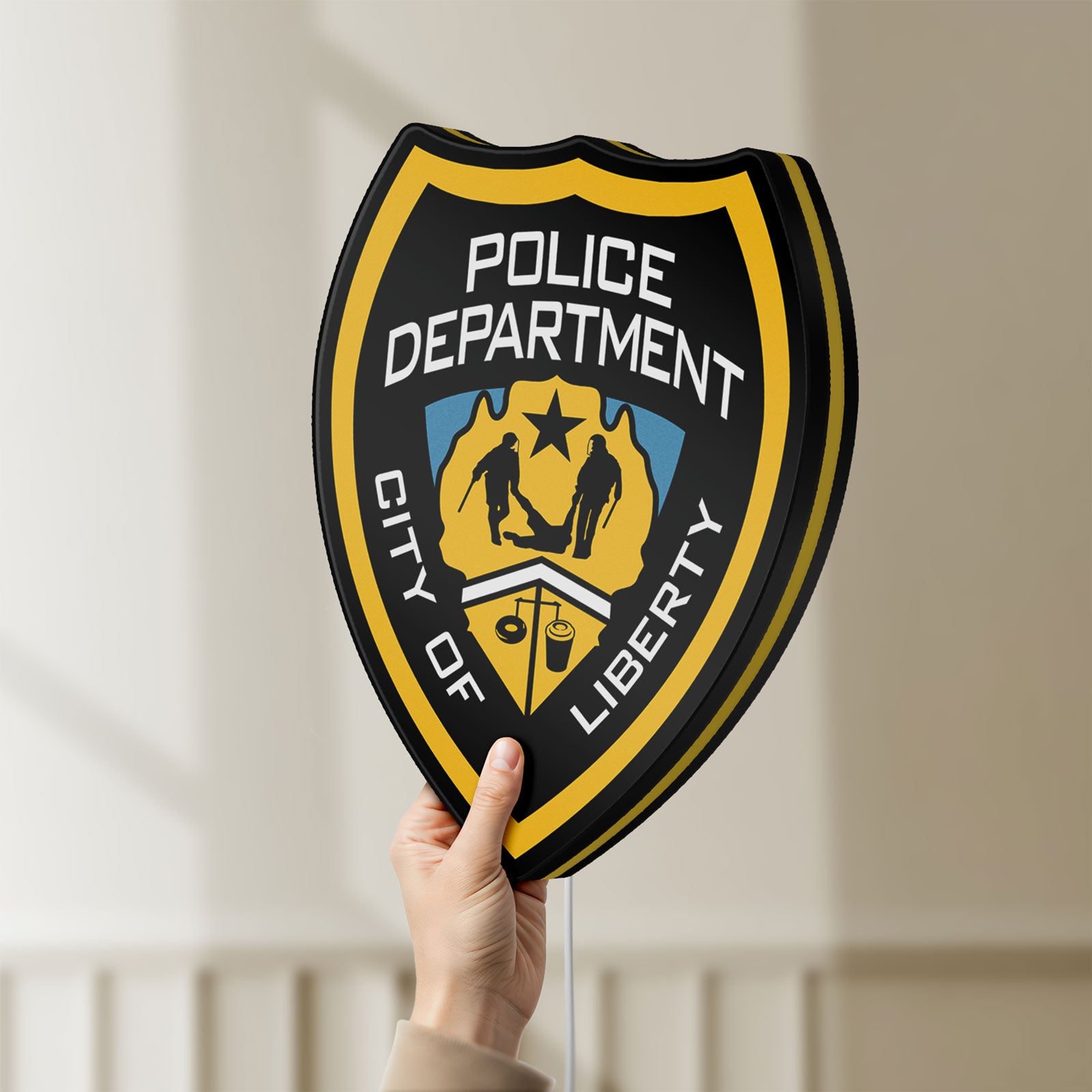 Unlit Liberty City Police LED lightbox held by hand to show size and details