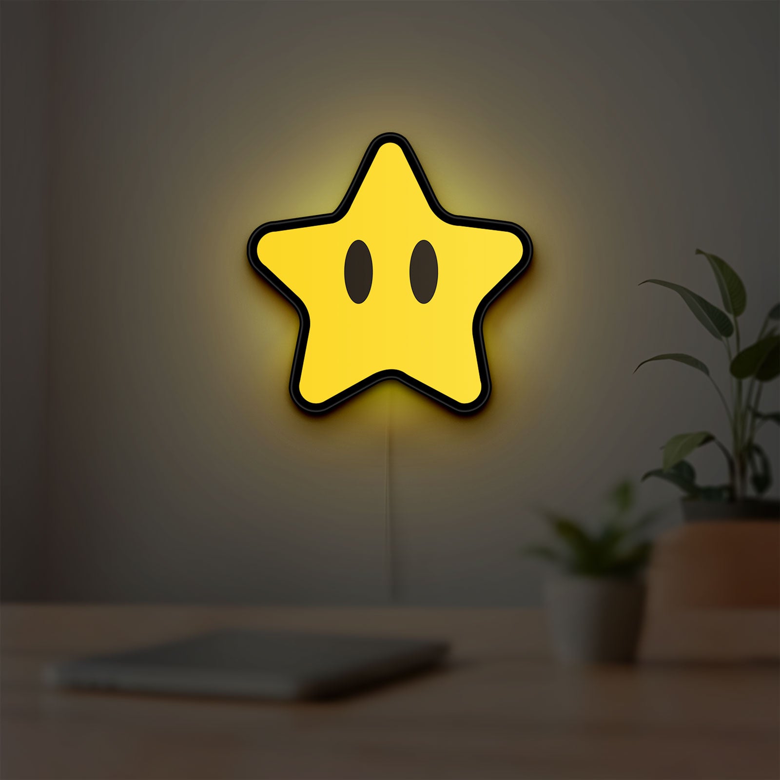 Super Mario Star LED lightbox hanging on a room wall with soft yellow light
