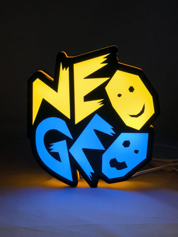 Neo Geo Arcade LED Sign (20cm) - Illuminated front view standing, unique wall art for desk and room decor