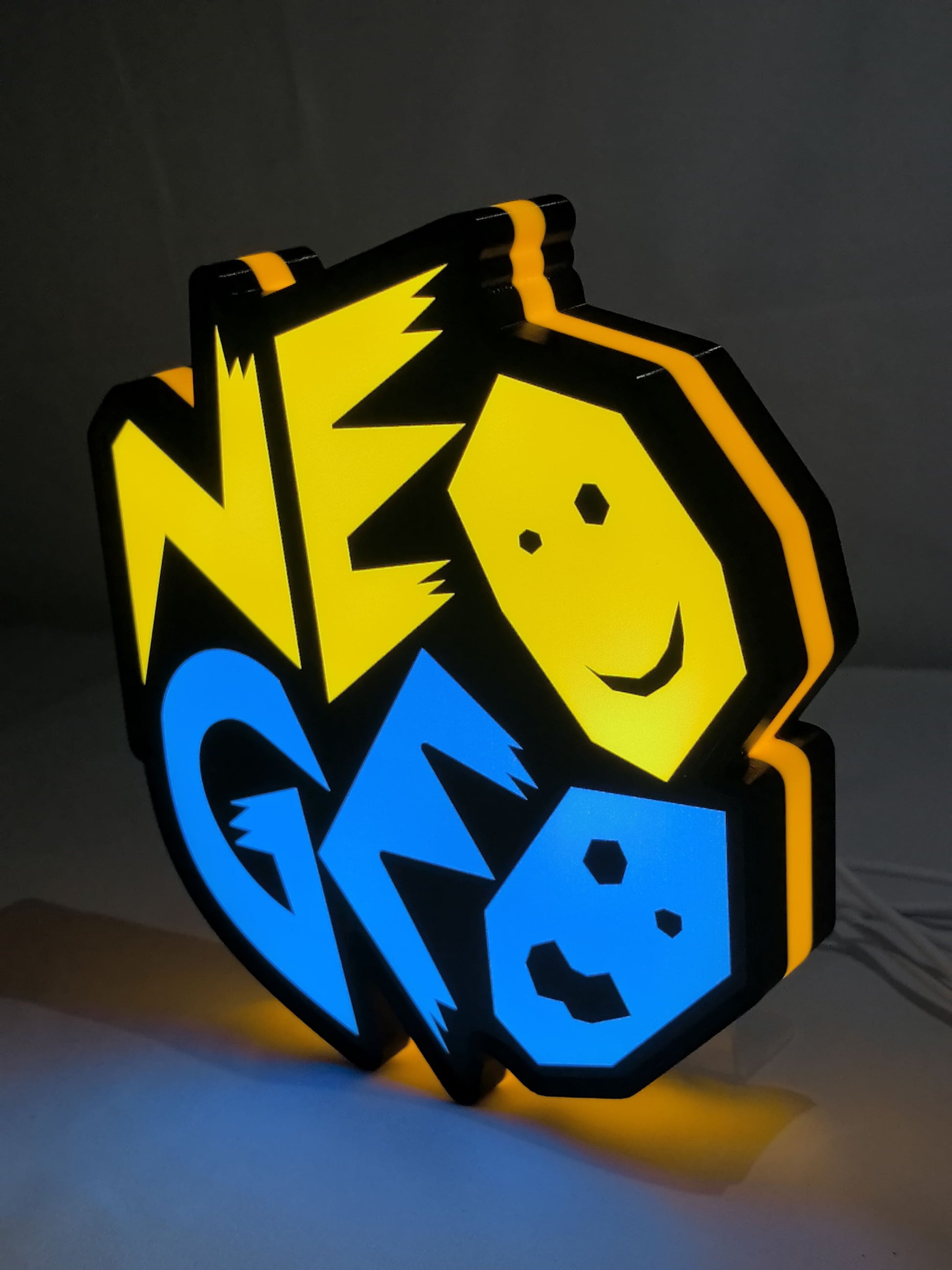 Neo Geo Arcade LED Light Box (20cm) - Illuminated angled view standing, unique wall art for desk and room decor