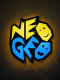 Illuminated flat lay front view of Neo Geo Arcade 3D LED Sign in 20cm, unique wall art for desk and room decor