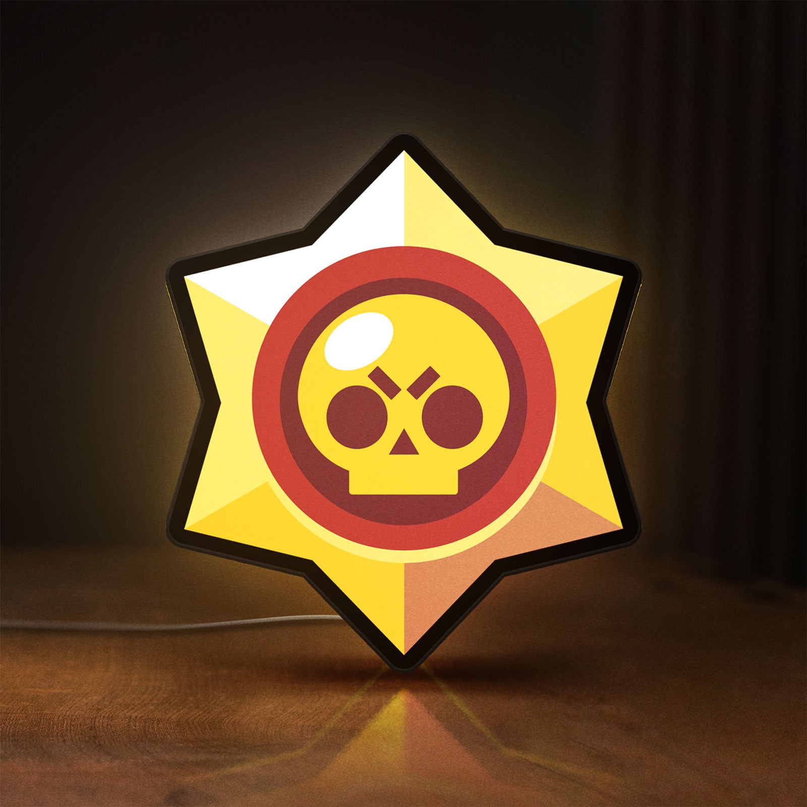 Front view of Brawl Stars LED lightbox sign glowing on a wooden desk