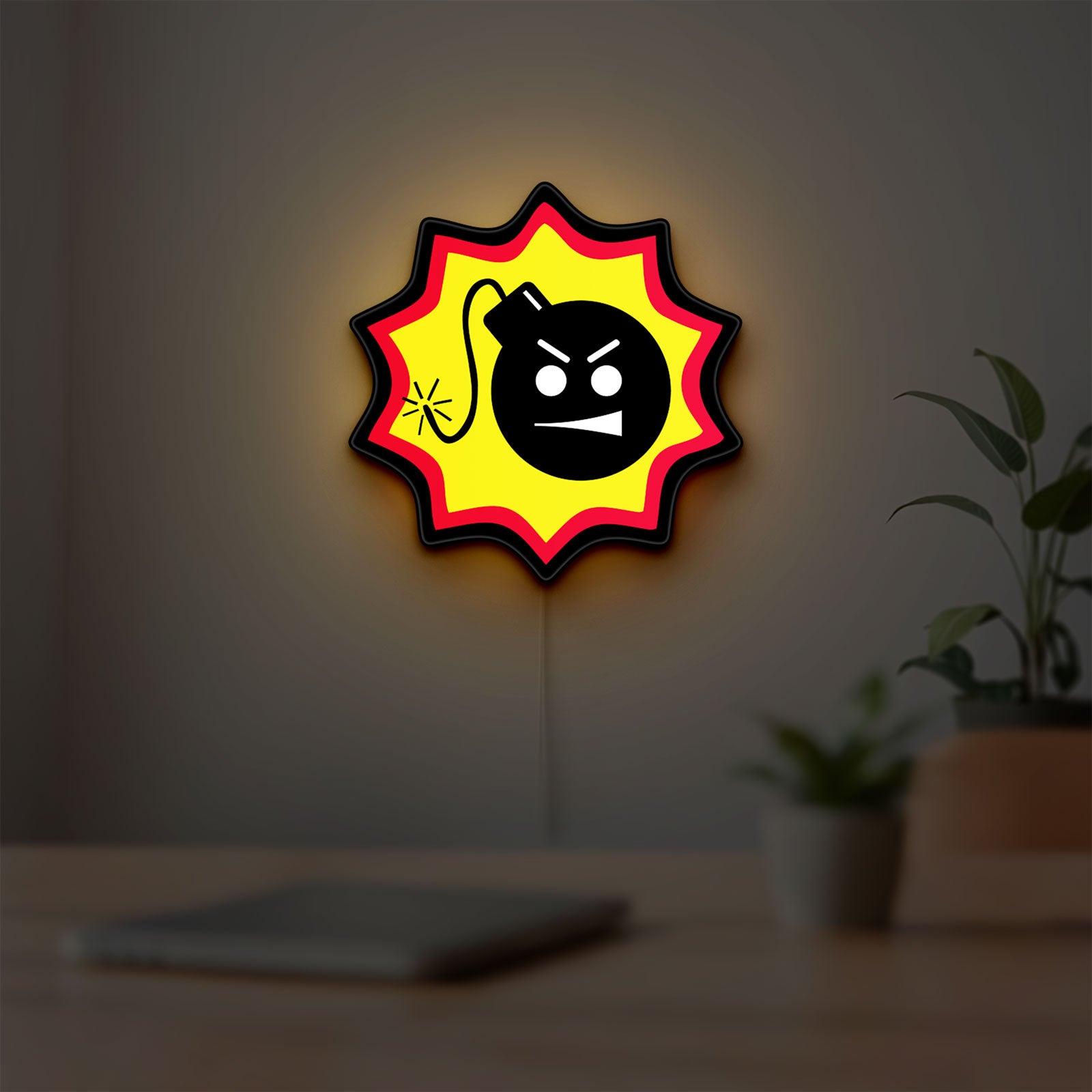 Serious Sam Bomb LED lightbox hanging on a room wall with soft red light