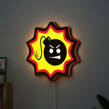 Serious Sam Bomb LED lightbox hanging on a wall with red glow