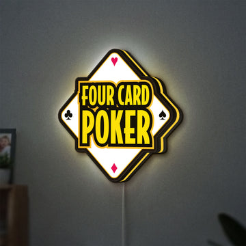 Four Card Poker LED lightbox hanging on a wall with yellow glow