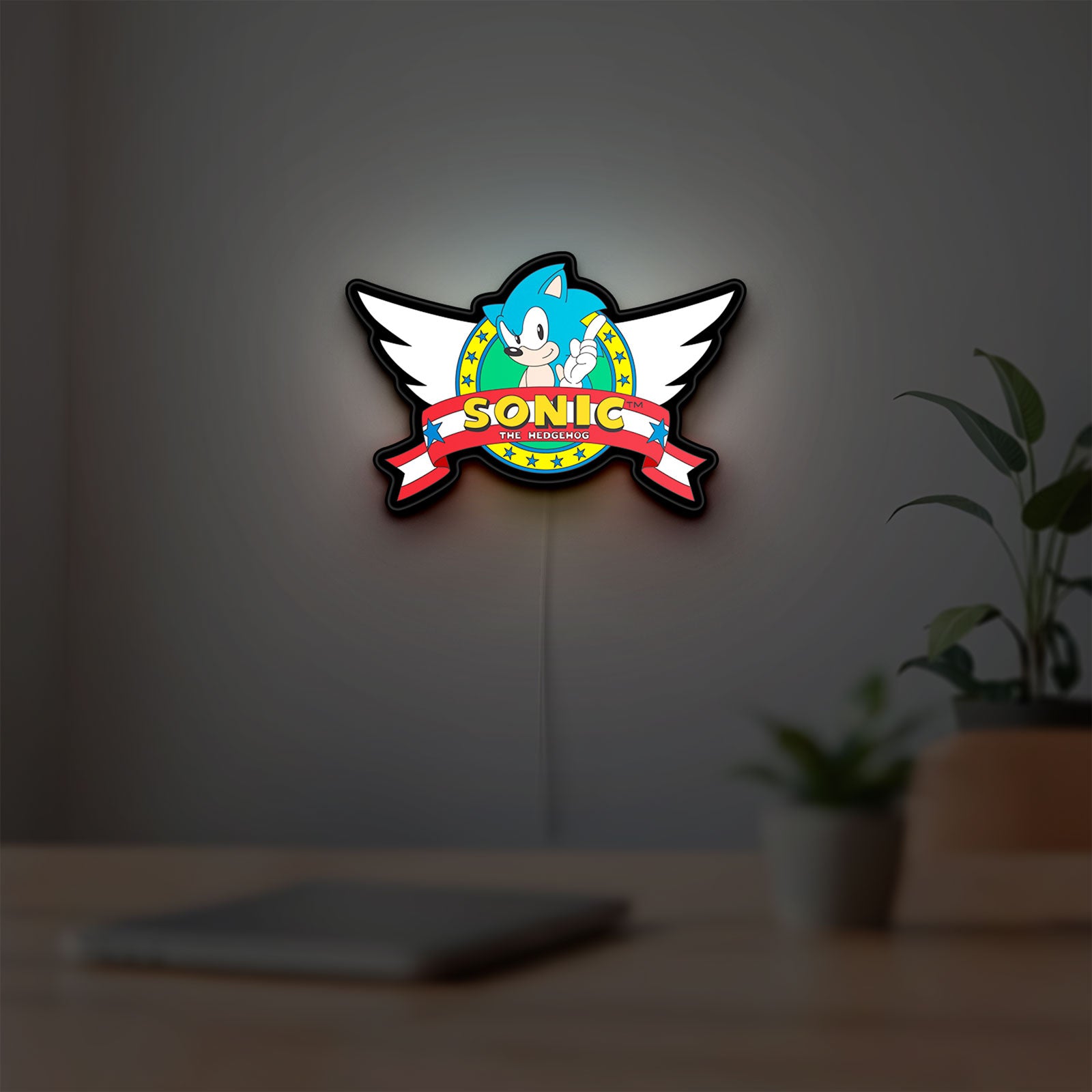 Sonic the Hedgehog LED lightbox hanging on a room wall with soft white light