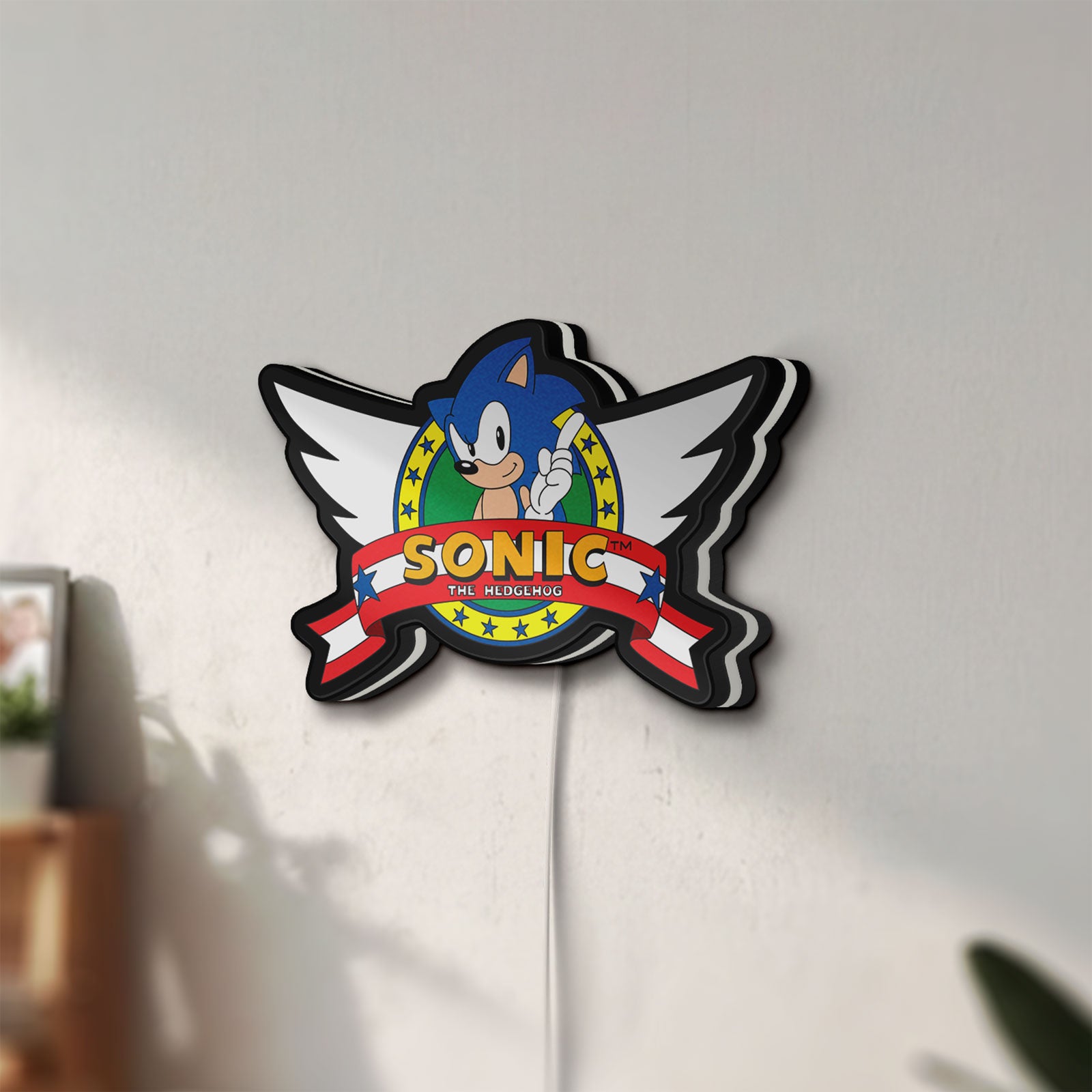 Unlit Sonic the Hedgehog LED lightbox mounted on a wall in daylight