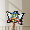Unlit Sonic the Hedgehog LED lightbox held by hand to show size and details