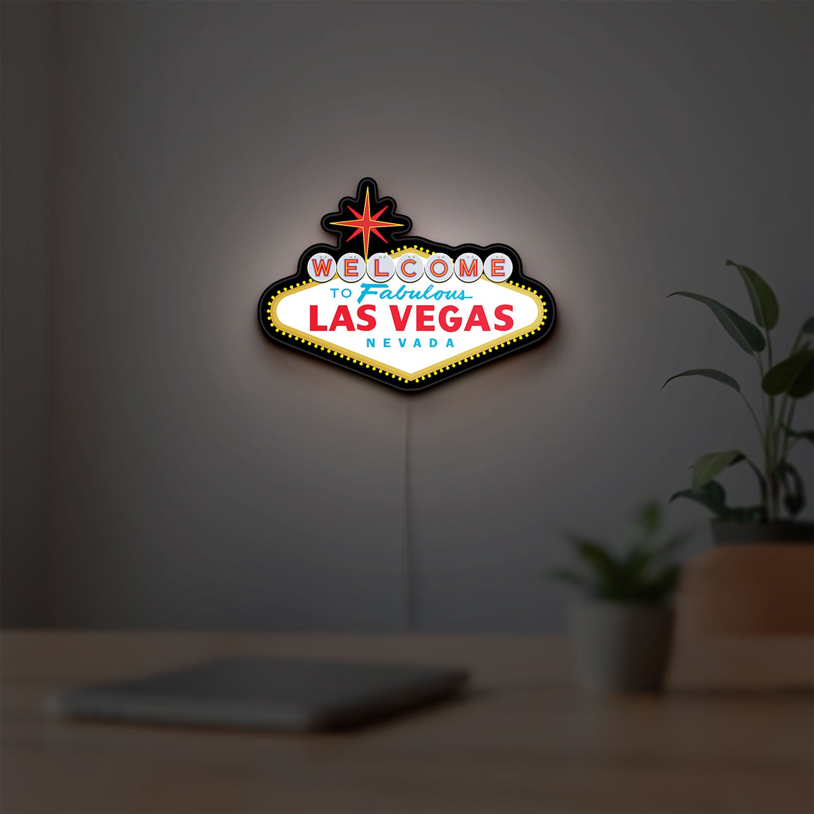 Las Vegas Nevada LED lightbox hanging on a room wall with soft white light