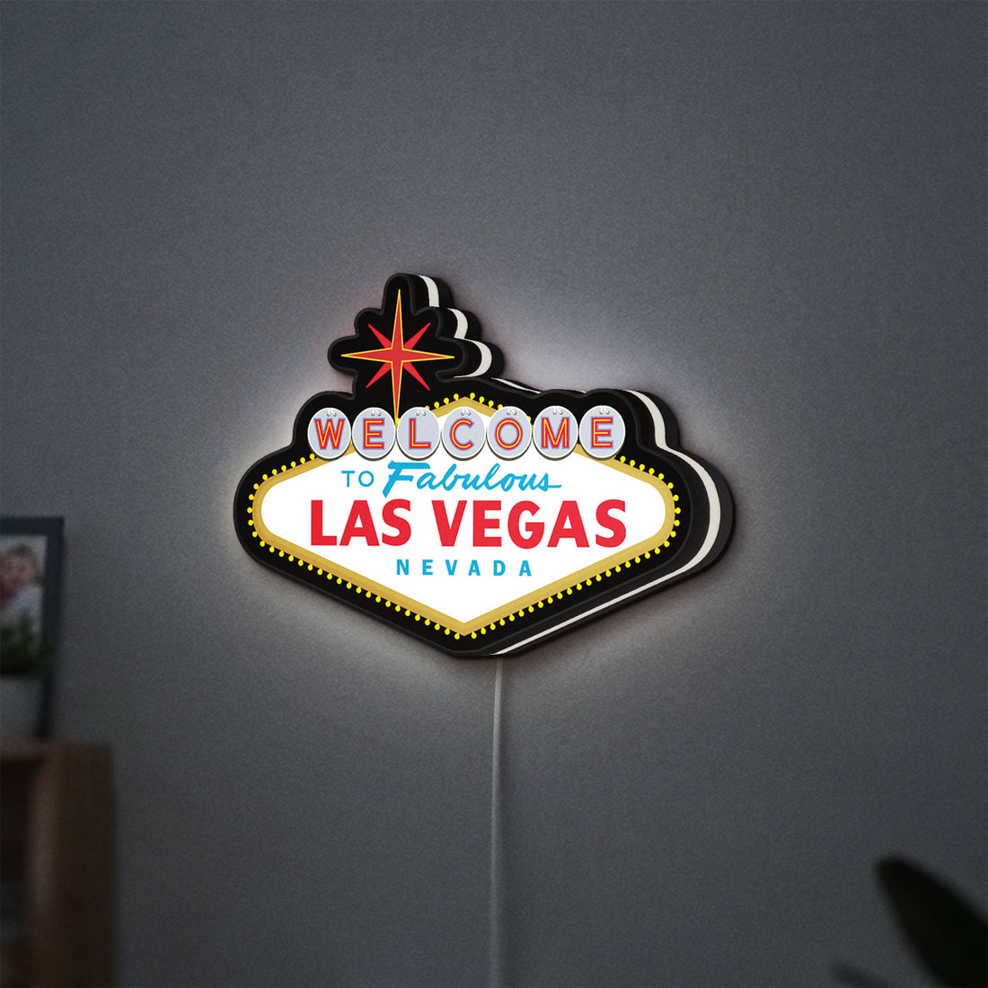 Las Vegas Nevada LED lightbox hanging on a wall with white glow