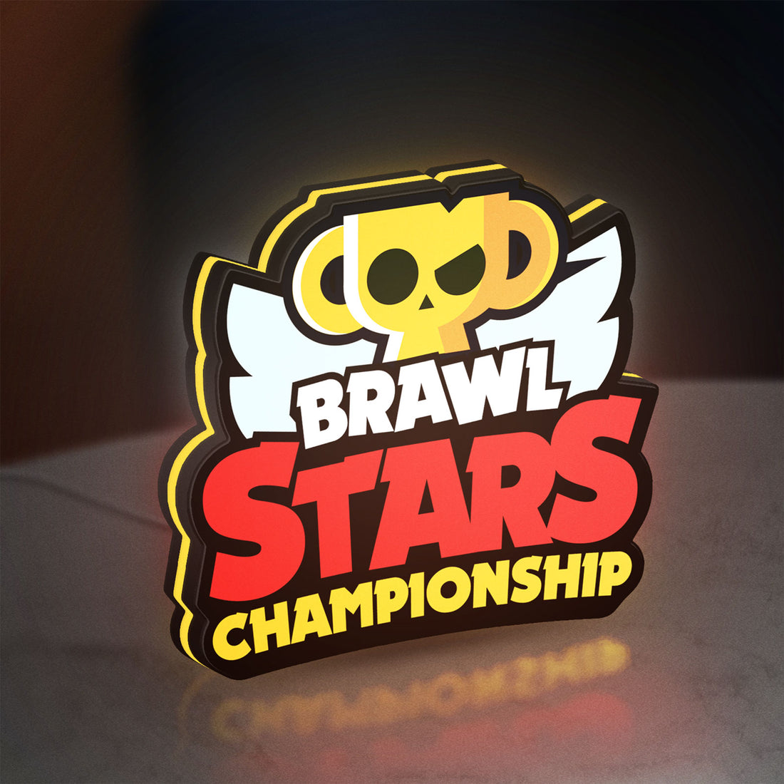 Brawl Stars Championship Lightbox LED lightbox hanging on a wall with yellow glow