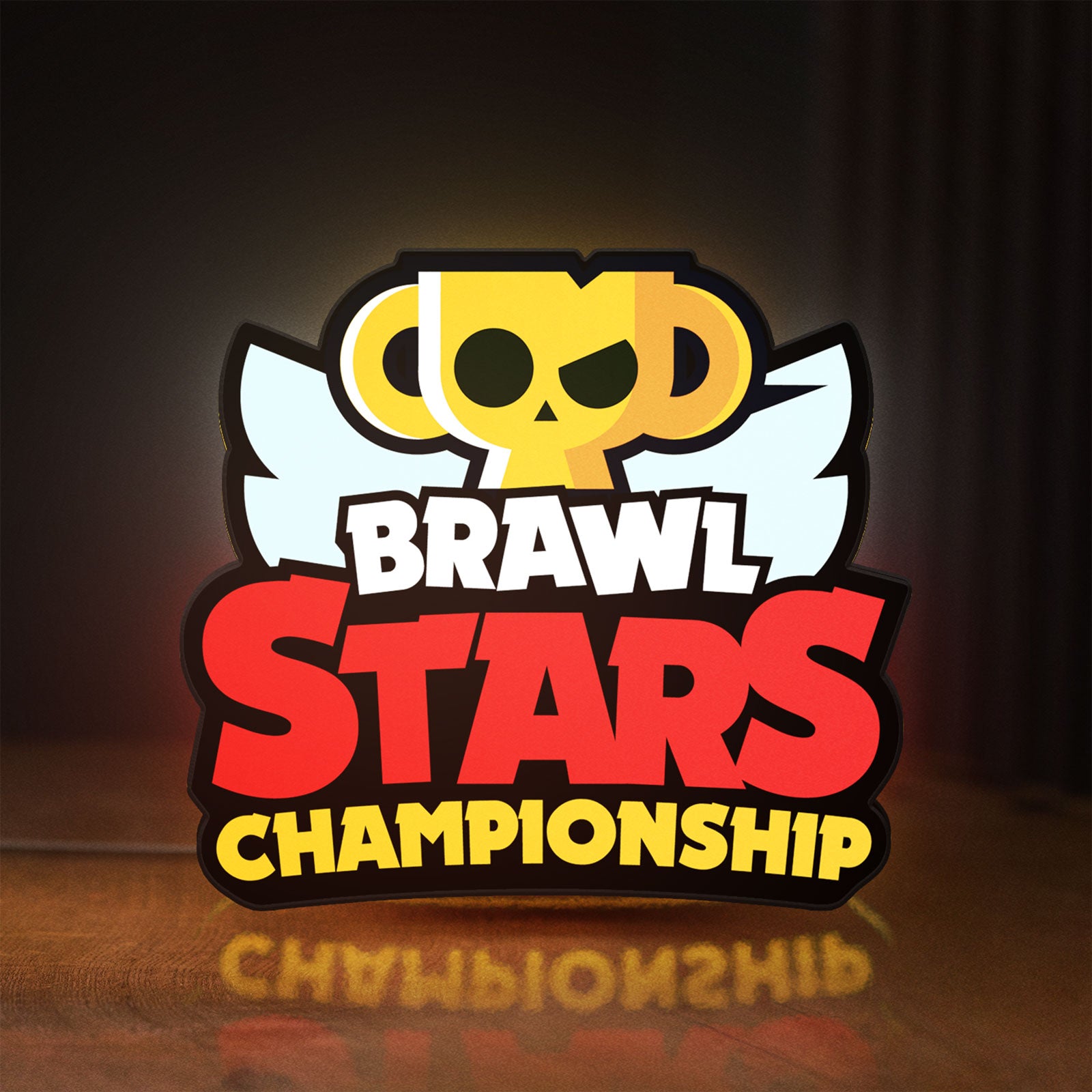 Front view of Brawl Stars Championship Lightbox LED lightbox sign glowing on a wooden desk