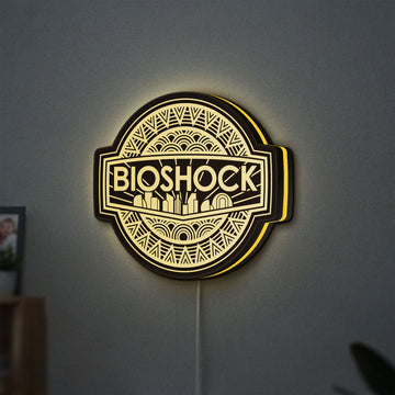 BioShock Rapture City LED lightbox hanging on a wall with yellow glow