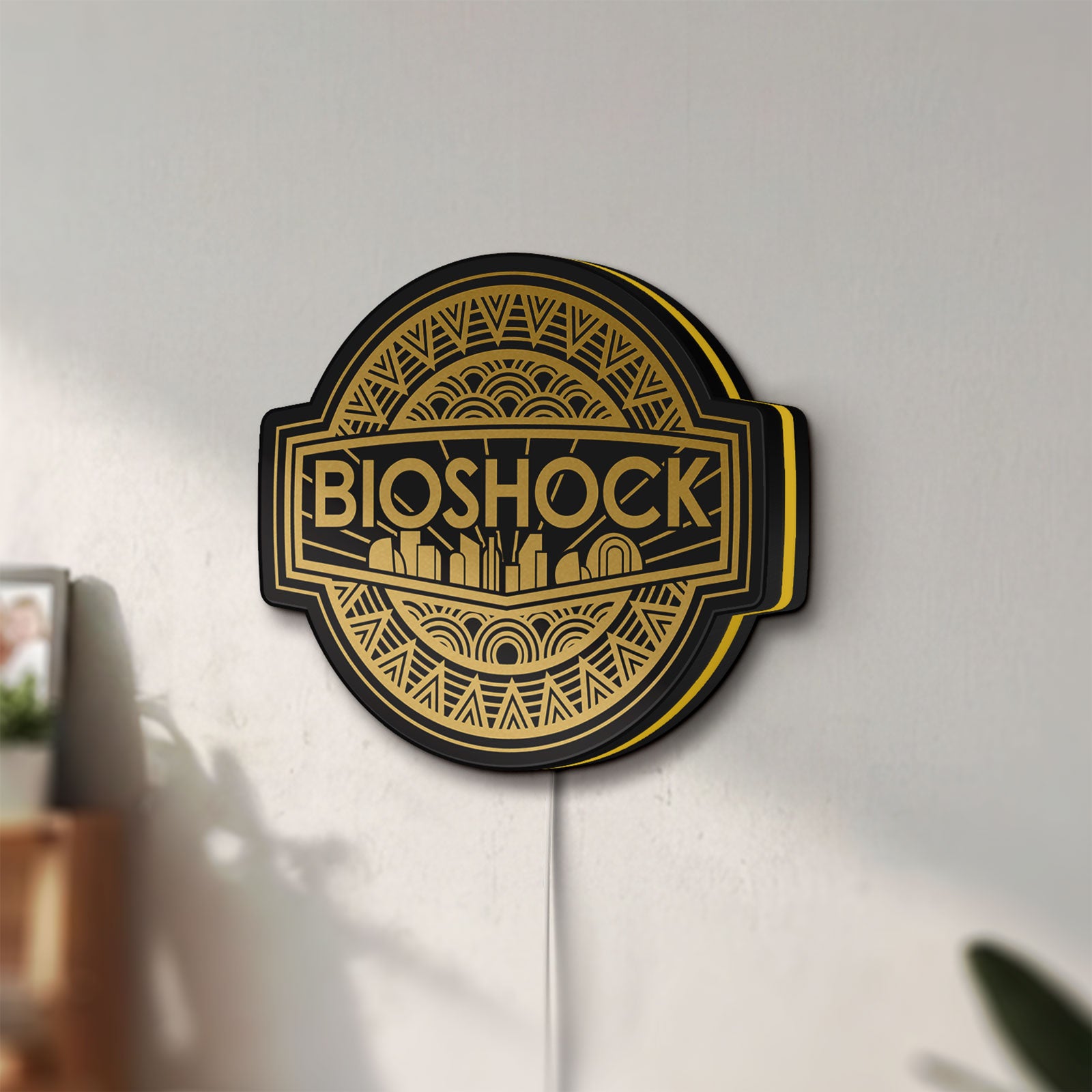 Unlit BioShock Rapture City LED lightbox mounted on a wall in daylight