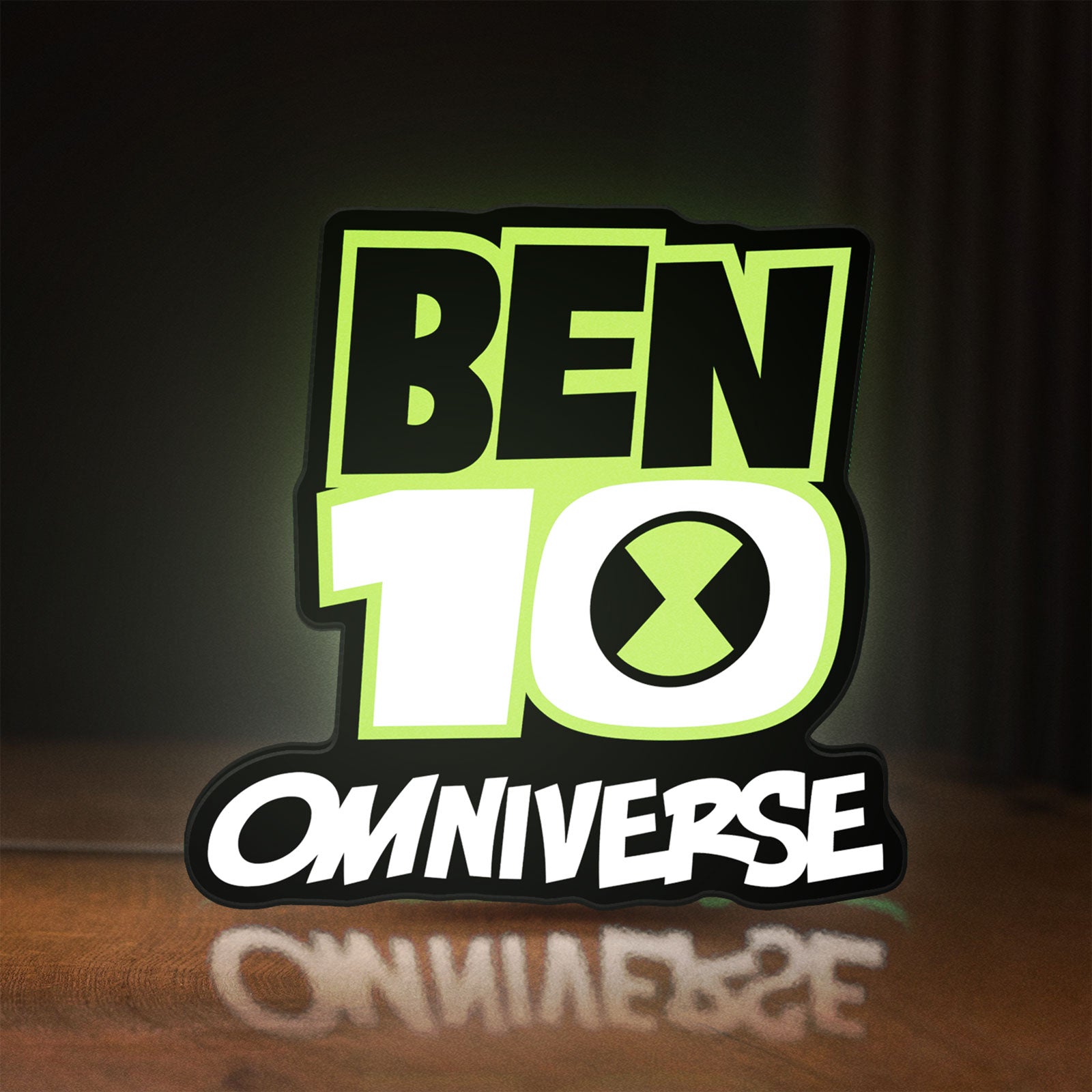 Front view of Ben 10 Omniverse LED lightbox sign glowing on a wooden desk