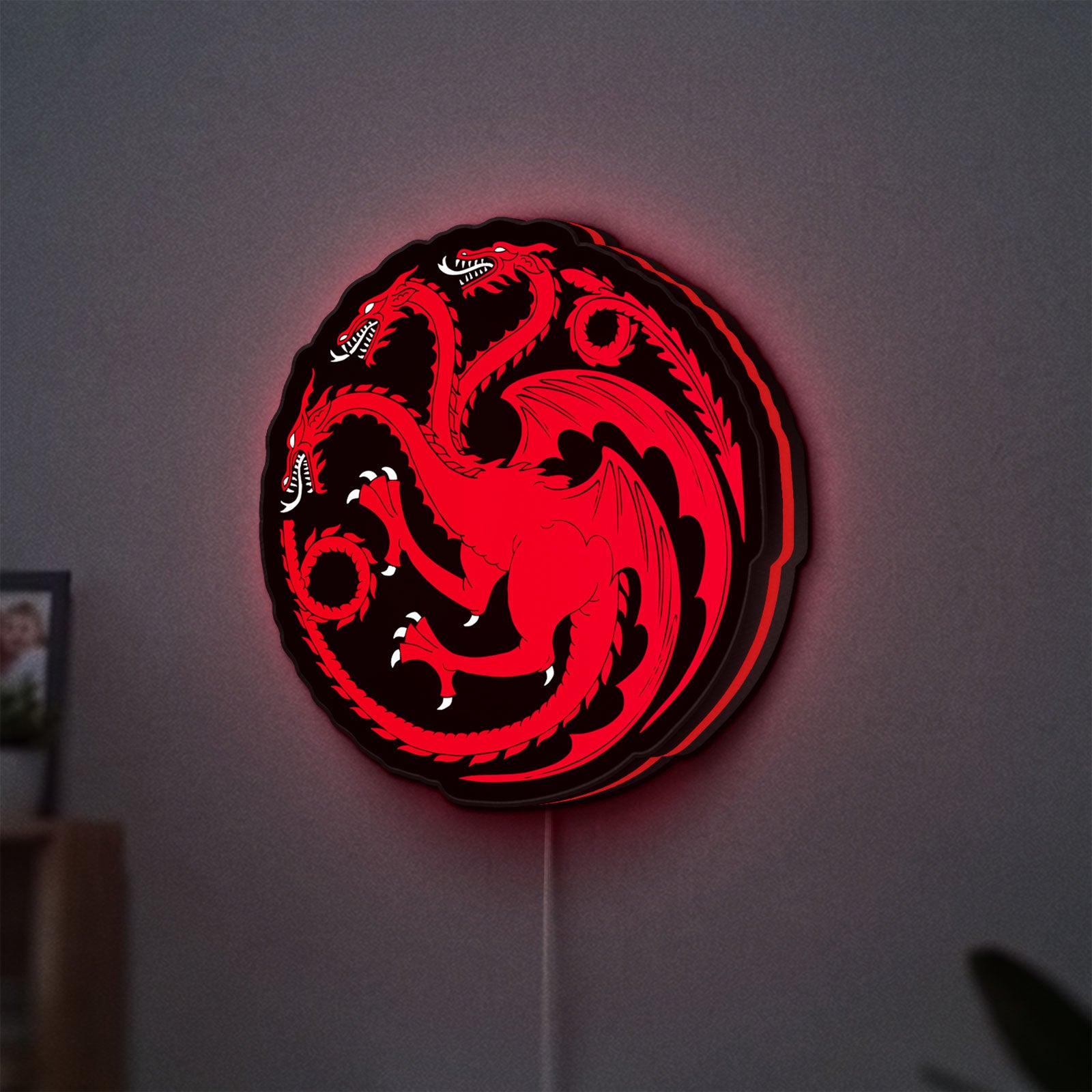 House Targaryen LED lightbox hanging on a wall with red glow