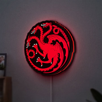 House Targaryen LED lightbox hanging on a wall with red glow