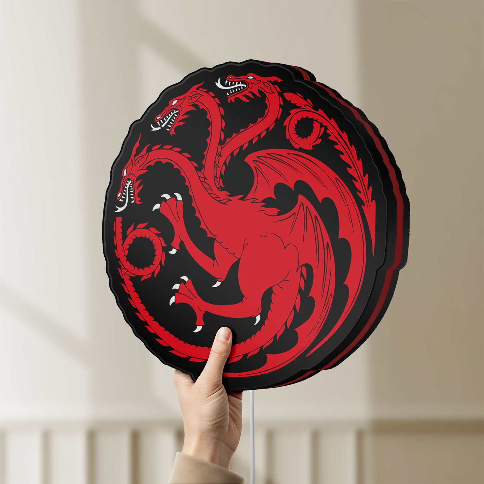 Unlit House Targaryen LED lightbox held by hand to show size and details