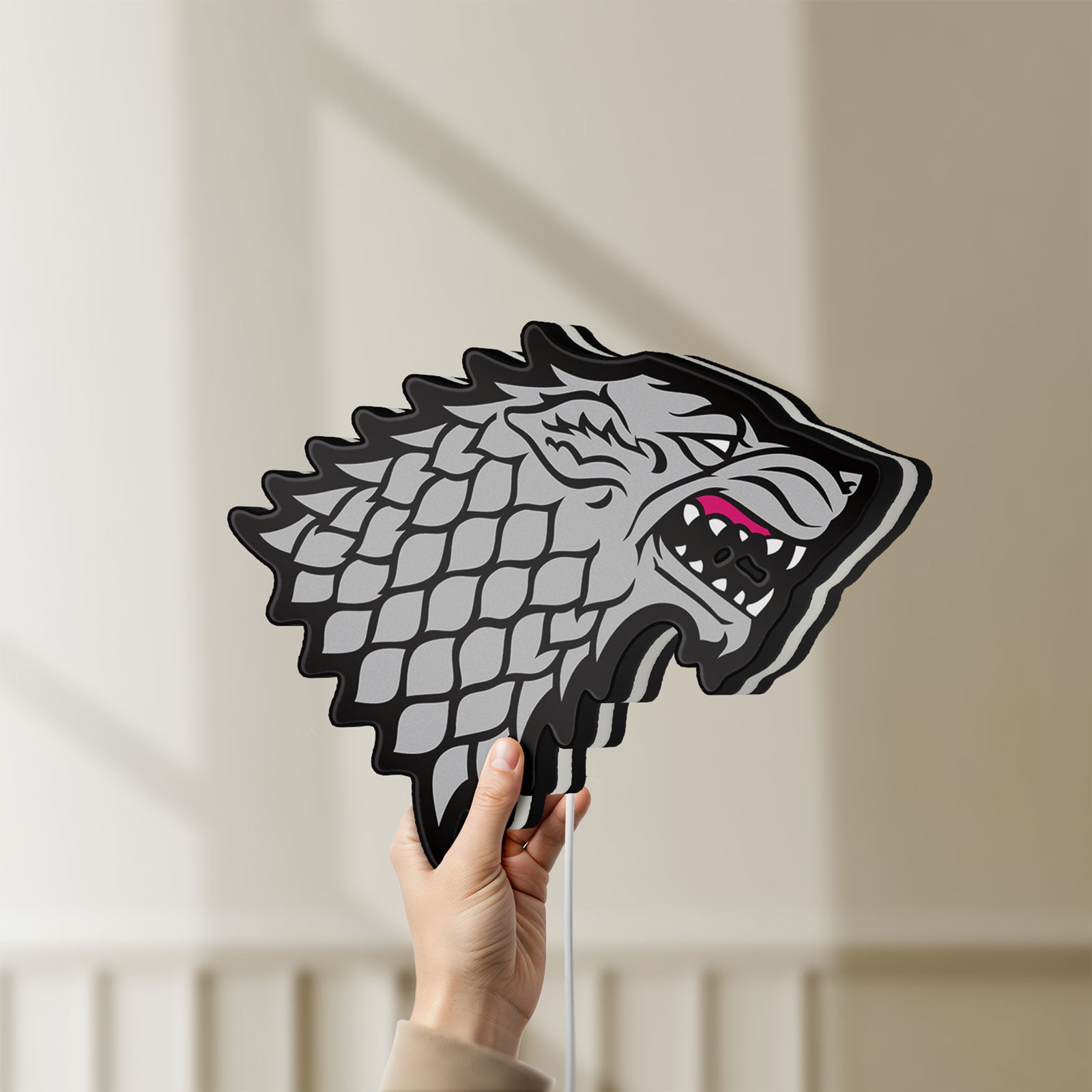 Unlit House Stark LED lightbox held by hand to show size and details