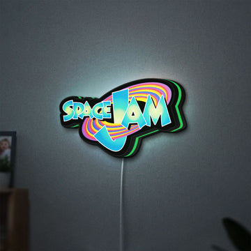 Space Jam LED lightbox hanging on a wall with green glow