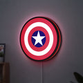 Captain America Shield LED lightbox hanging on a wall with red glow
